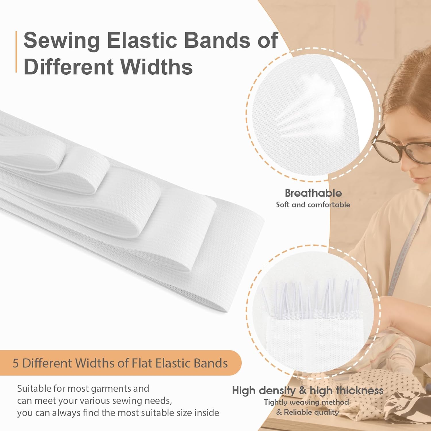 5 Rolls Elastic Band for Sewing, High Elasticity Knit Spool Band 0.4/0.6/1/1.5/2 Inch, 5.5 Yards/Roll with Sewing Clips & Tape Measure for Waistband Pants Dresses Swimwear Clothes Crafts DIY (White)