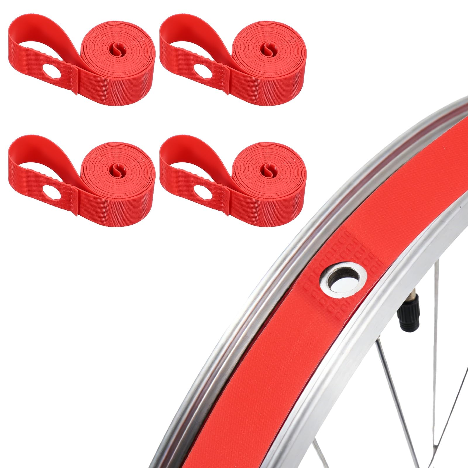 YELARXI Bike Rim Strips, Fits 18" Bicycle Rim Liner Strips Air Leak Resistant PVC Tape Inner Tube Cushion Puncture. 4Pcs & 20 Inchx18mm & Red Fit for (Mountain/Road/City Bikes)