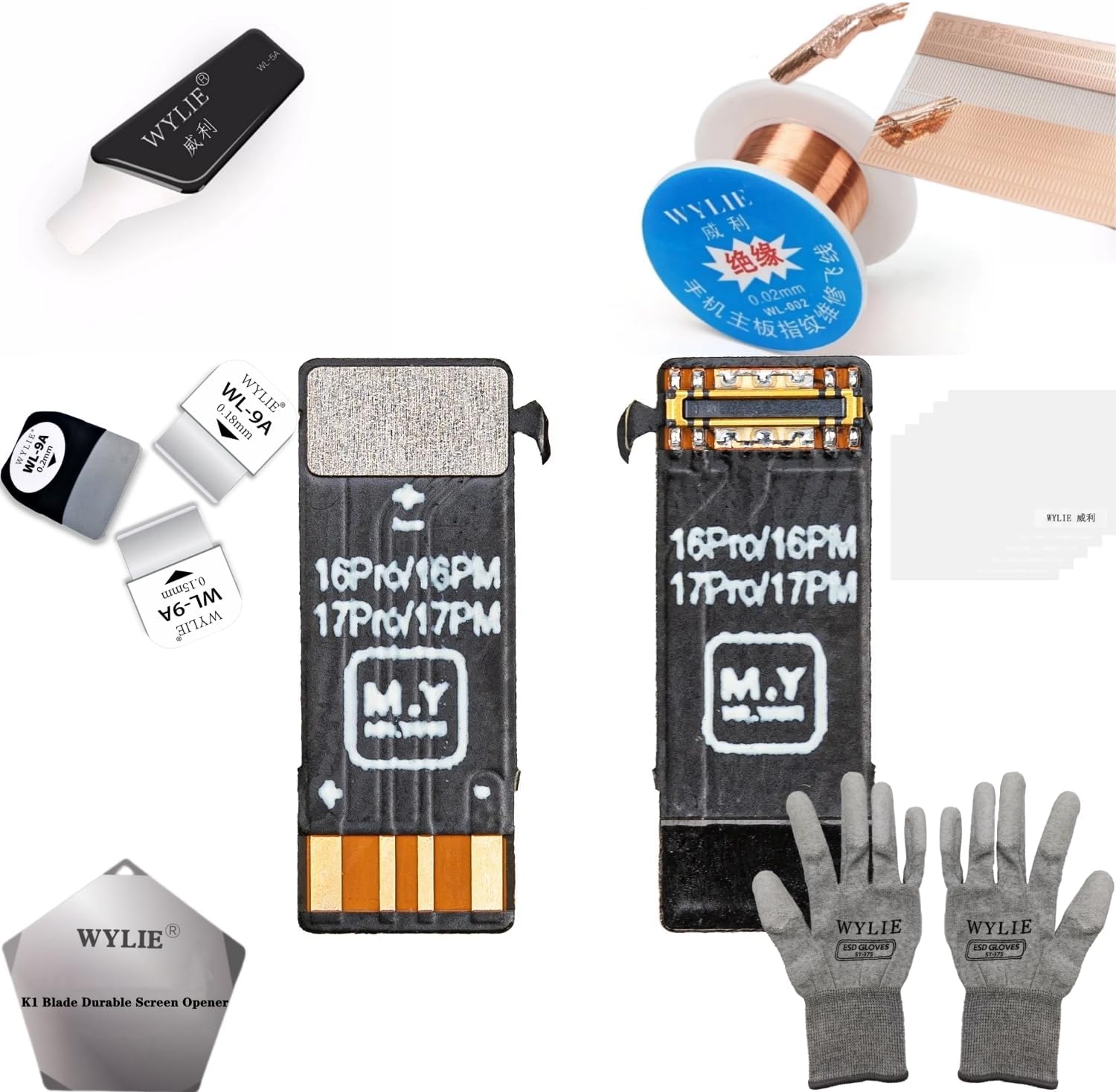 YCS Battery Socket Flex Cable for iPhone 8-17 Pro Max Huawei Mate 40 Pro 50 Pro Pura 70/80 Xiaomi 14 Series Professional Repair Tool Kit with ESD Gloves Screen Opener Fly Line WYLIE Tools 25 Pack