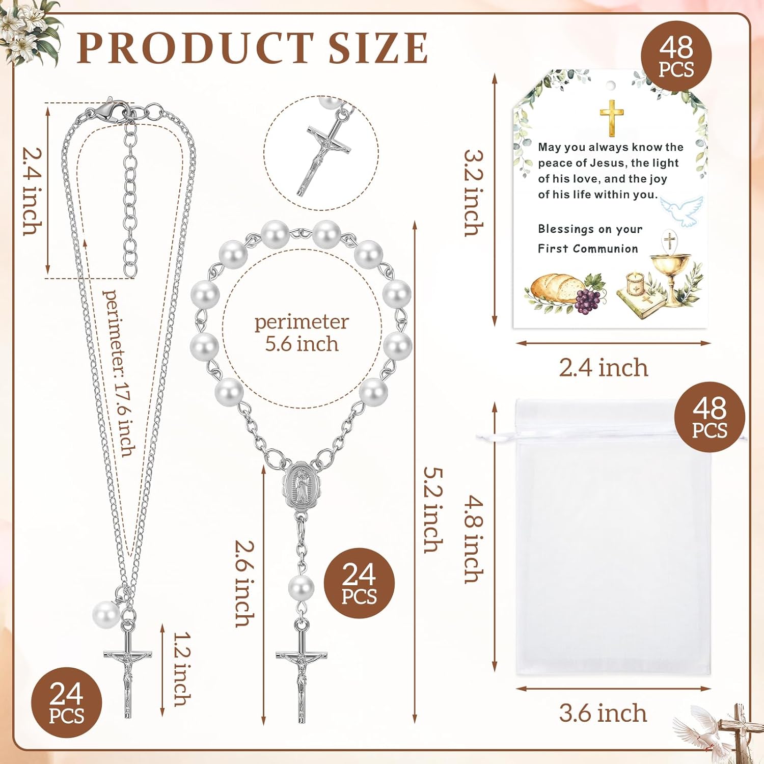 Fumete 144 Pcs First Holy Communion Gifts Communion Favors Sets Baptism Rosary Cross Necklace Bracelets with Cards Organza Bags Christian Easter Gifts for Religious Events(Silver)