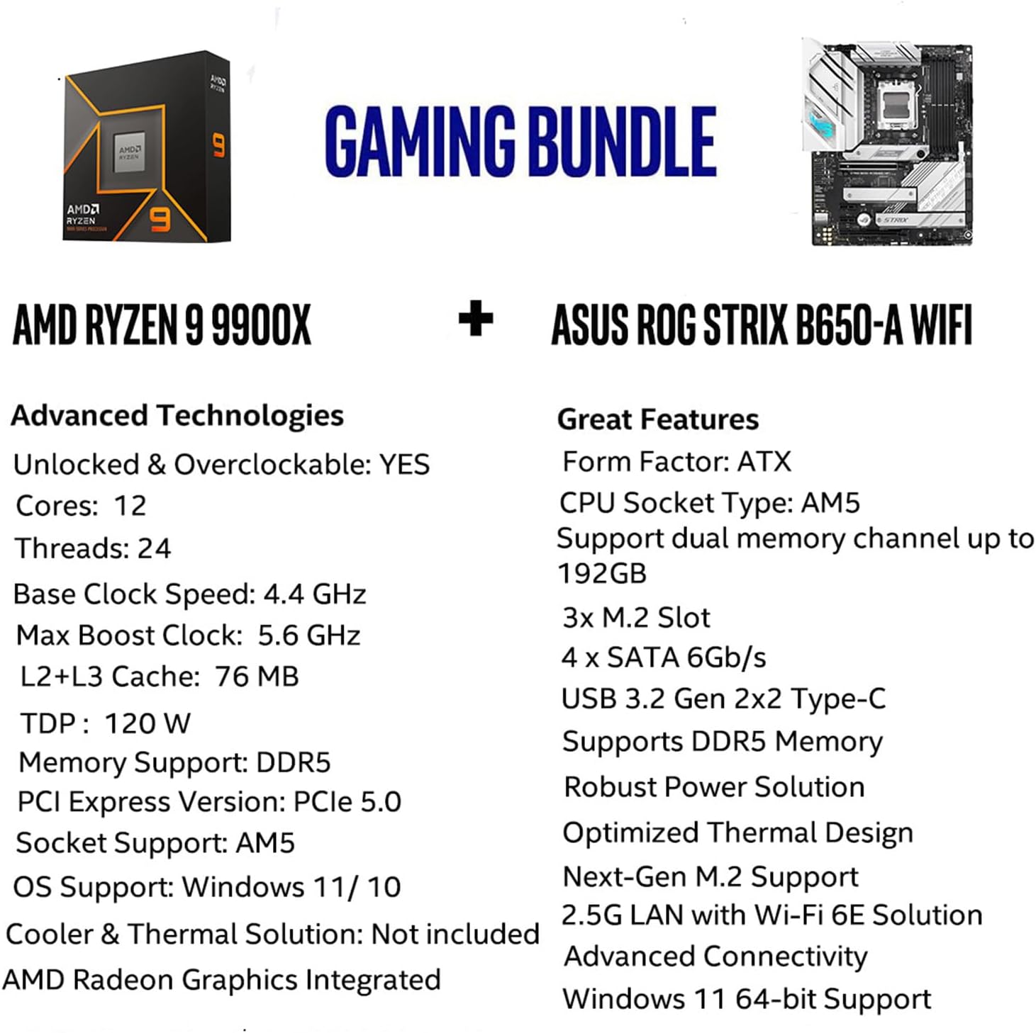 Micro Center AMD Ryzen 9 9900X AM5 CPU Processor Bundle with ASUS ROG Strix B650-A Gaming WiFi 6E AM5 Ryzen 7000 Gaming Motherboard