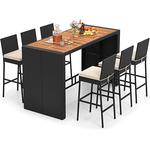 Tangkula 7 Piece Patio Wicker Bar Set, Patiojoy Outdoor Acacia Wood Bar Height Table & 6 Rattan Bar Stool Chairs with Backrest and Footrest, for Bistro Garden Balcony