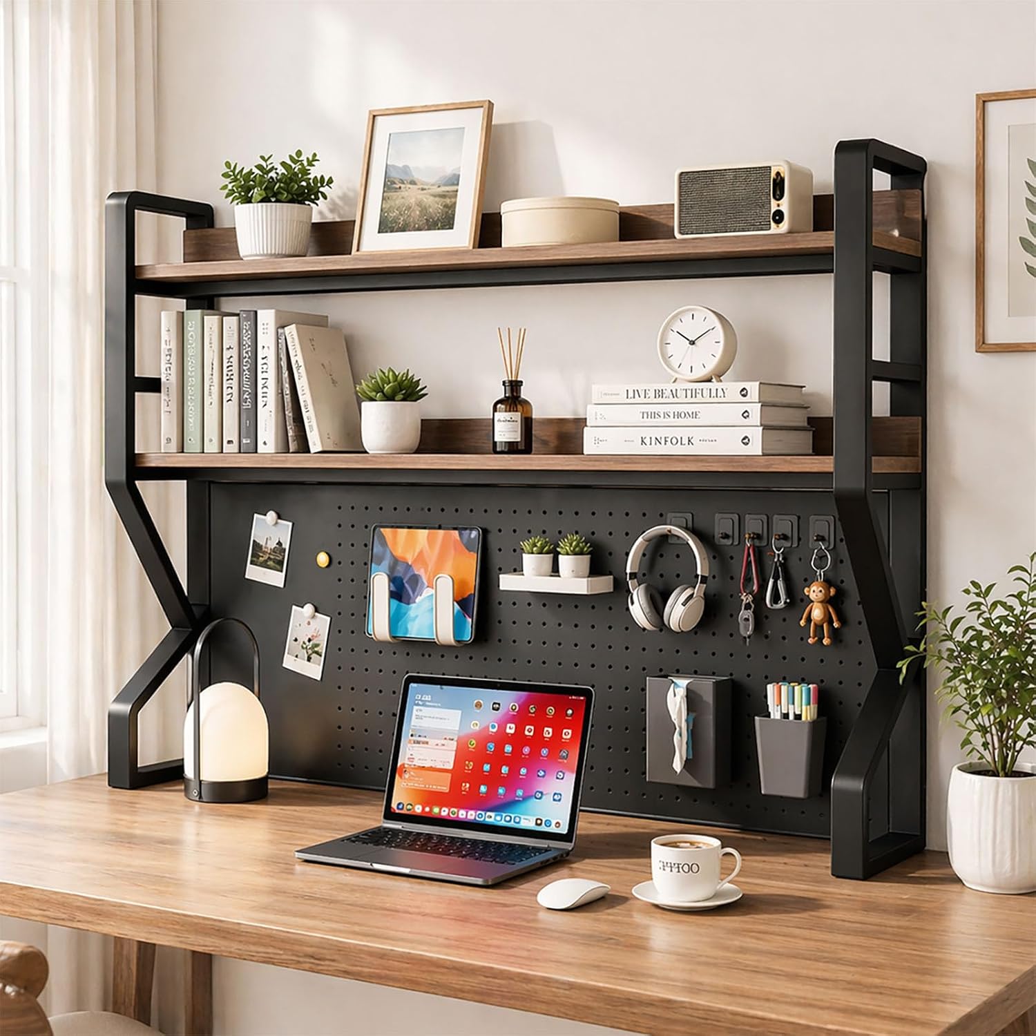 Lefedrasticity 3 Tier Desktop Bookshelf with Pegboard Desktop Organizer Shelf for Dorm Heavy-Duty Desk Shelf Organizer Desk Bookshelf for Office Dorm Room Gaming Desks (Black, 37.4" L)