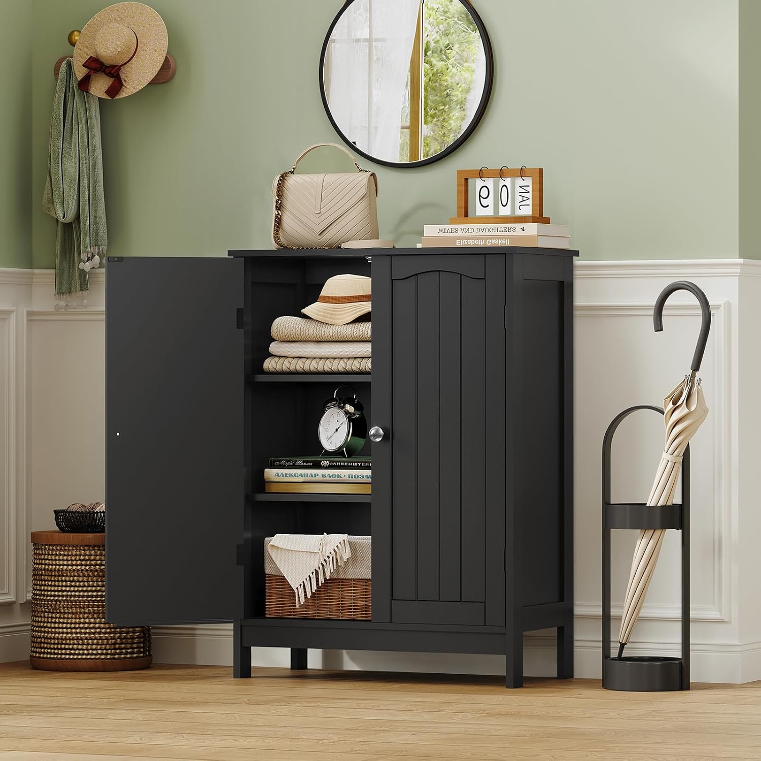 iwell bathroom cabinet, bathroom storage cabinet with 2 doors & 3 shelves, 3 heights available, for living room, entryway, kitchen, home office, black