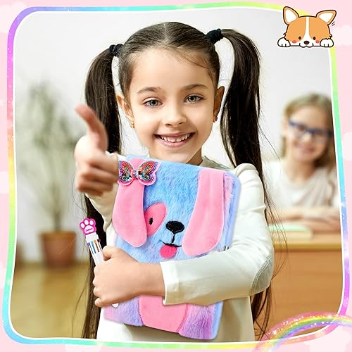 Miniatura 4 de Juego de cuadernos de peluche con diseño de arcoíris, cuaderno esponjoso para niñas, diario privado bordado, bloc de notas con candado, bolígrafo