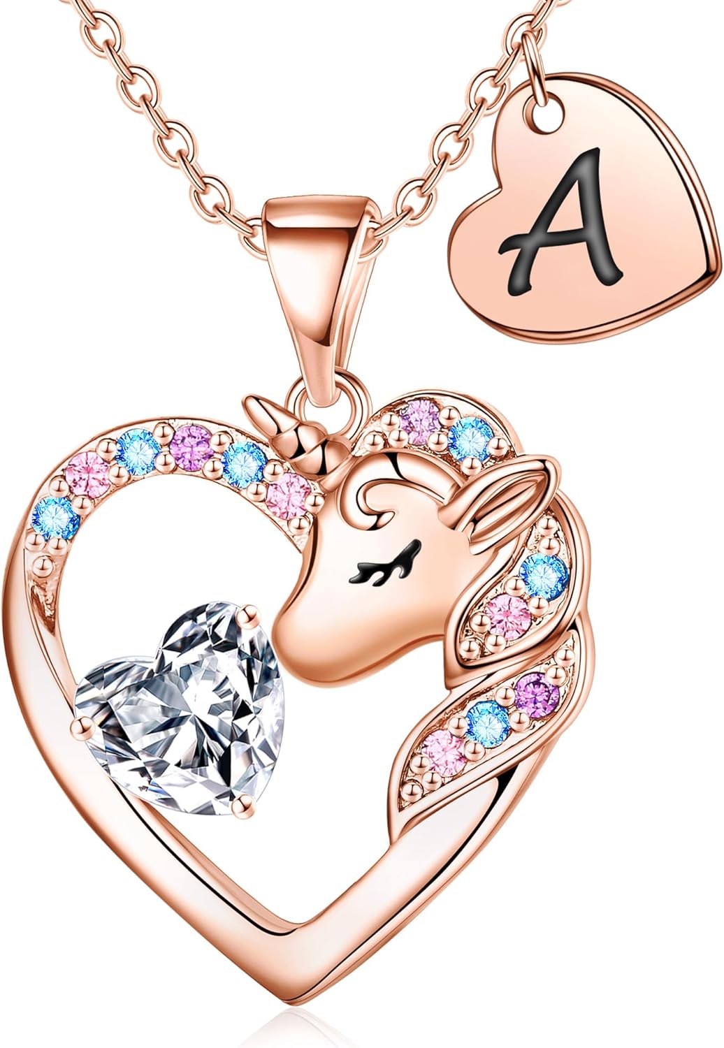 IEFRICH Valentines Gifts for Kids Girls Unicorn Necklace - Colorful CZ Heart Initial Necklaces Unicorn Necklace for Girls Jewelry Birthday Gifts for Little Girl Kids