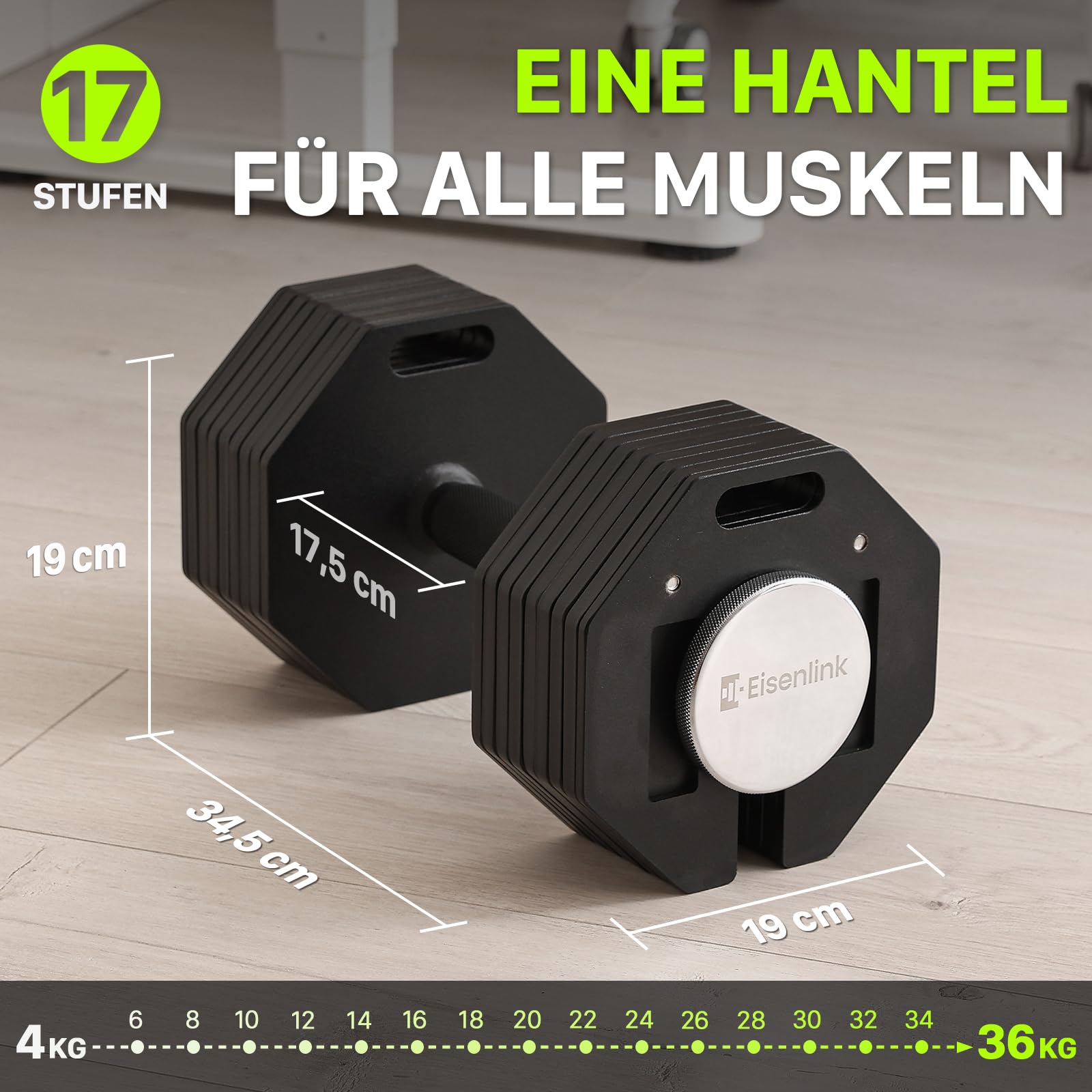 Eisenlink Verstellbare Achteckige Kurzhantel 1 Stück 20kg 36kg | Innovative Ultrakompakte Einstellbare Stahl Hantel mit Anti-Rutsch-Griff Fitness Gym Zuhause