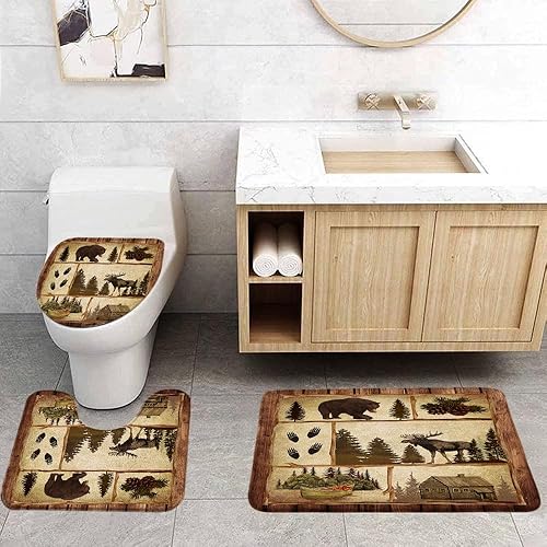 Miniatura 2 de Juego de 3 alfombras de baño rústicas con diseño de oso y alce, estilo vintage, cabaña, bosque, vida silvestre, ciervo, alce, granja, granja, caza,