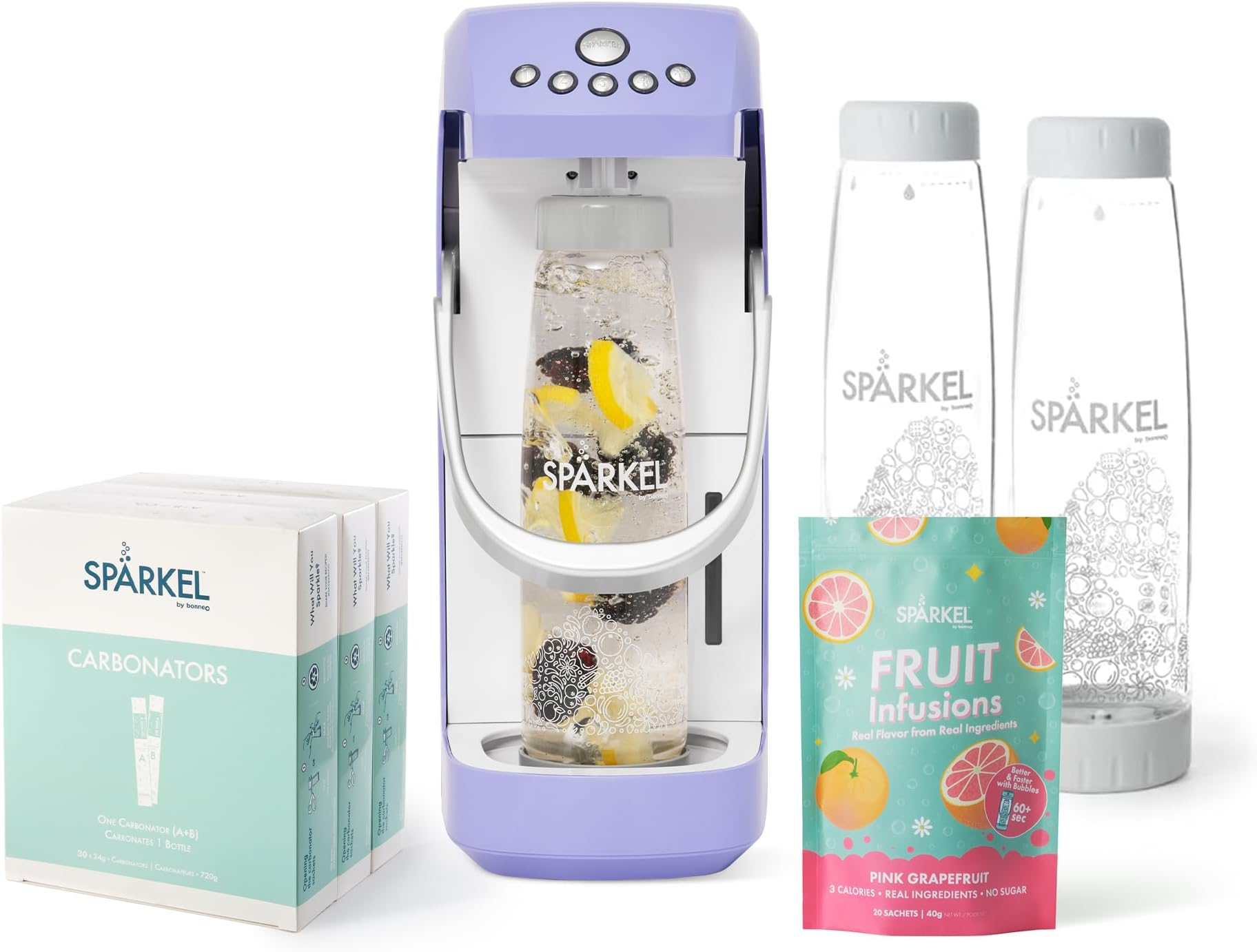 Spärkel System (Peri) Sparkling Water and Soda Maker+Bottle+90 pack of Carbonators + Pink Grapefruit Infusions - A New Way of Sparkling - Use Fresh & Natural Ingredients - No CO2 Tank Needed