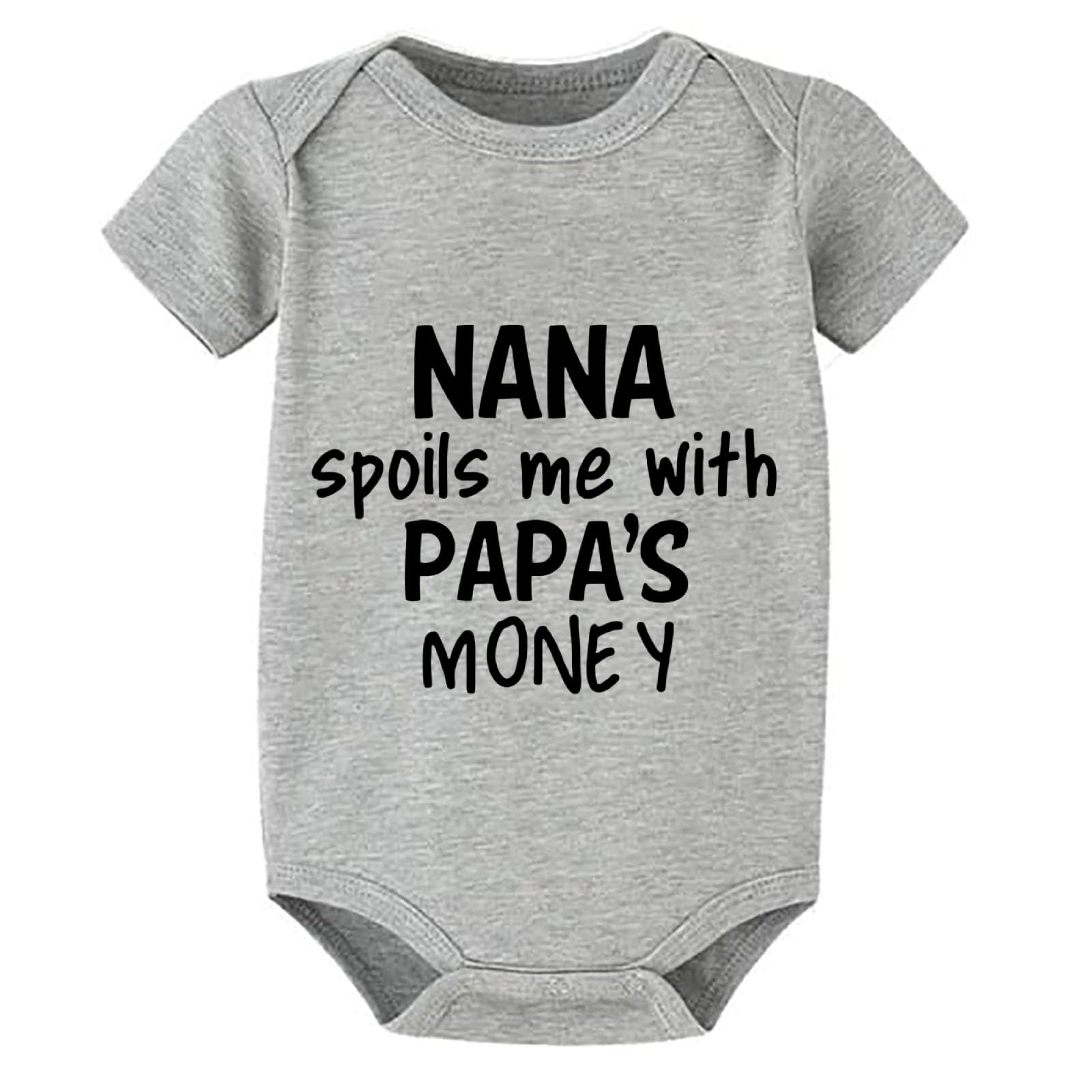 WOOYONGING Nana Spoils Me With Papa's Money Newborn Romper Girl Short Sleeve Neutral Romper Baby White 0-3 Month Girl Clothes