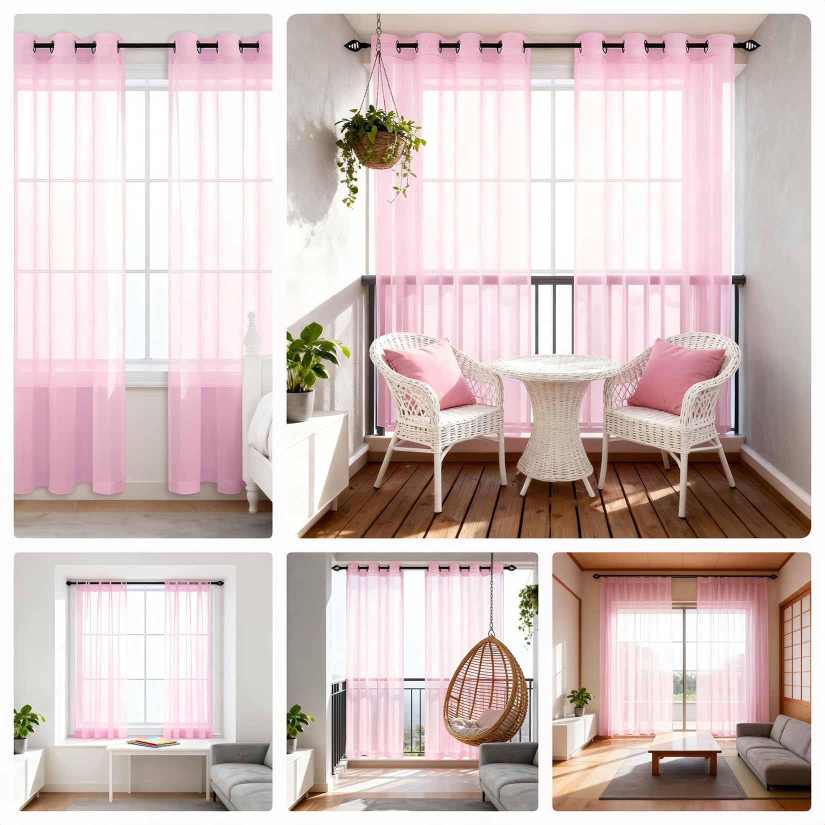 Ösenvorhang 180 x 250 cm Halbtransparent, Transparent Luftig, Einfache Montage, Weich Und Langlebig, Waschbare, mit Kräuselband Kurze Vorhänge für Esszimmer, Heimbüro, Rosa