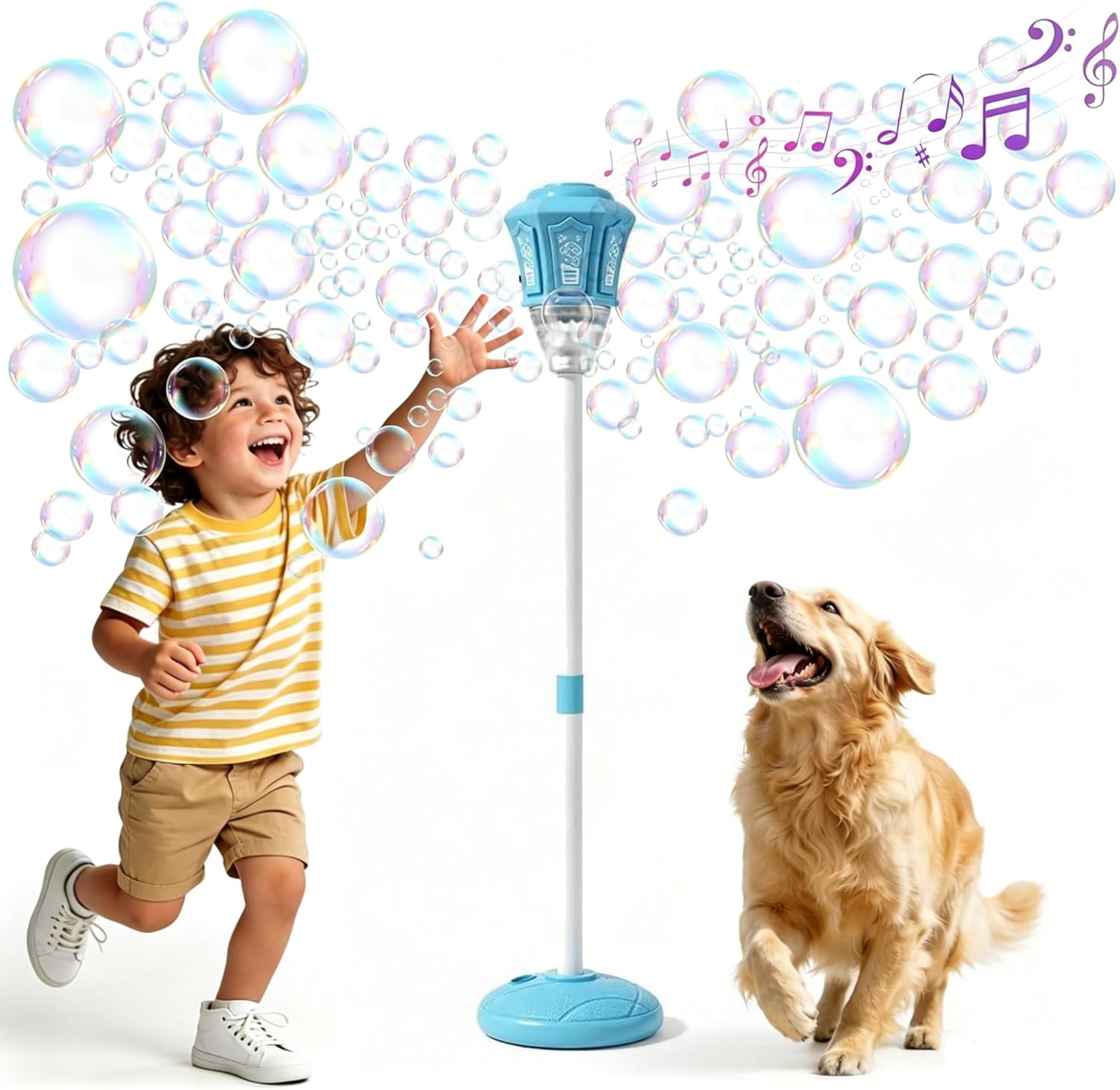 Bubble Machine with Light and Music for Outdoor, Automatic Bubbles Blower Maker for Kids & Adults, Bubble Blower and Wand, for Wedding Birthday Party, Automatic Standing Bubble Maker Machine (Blue)