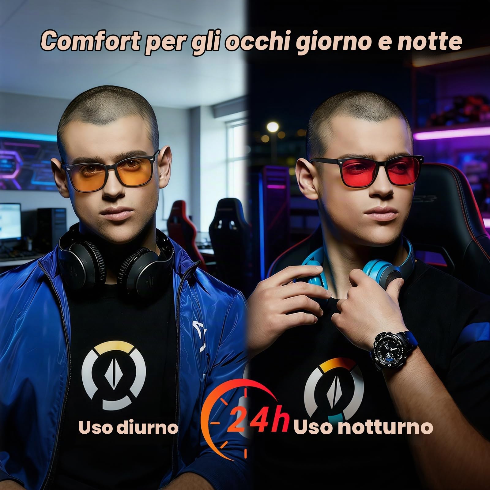 Okany Occhiali Anti Luce Blu per PC & Gaming – Lenti Doppie Ambra Giorno & Rosse Notte, Filtro 99% Luce Blu, Occhiali Leggeri per Computer da Uomo e Donna