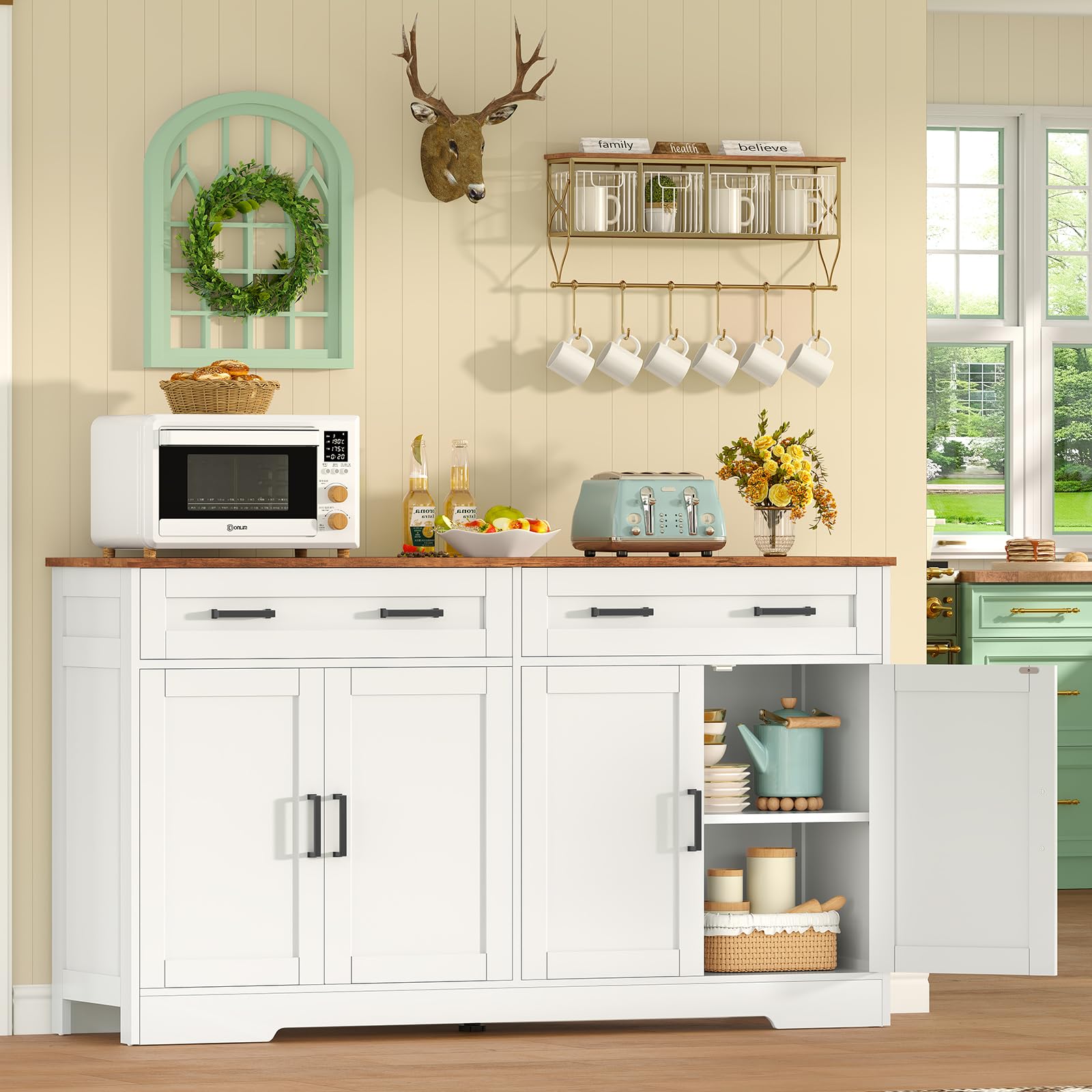 TEENFON Buffet Cuisine 140cm pour Salon et Salle à Manger, Meuble de Rangement avec 2 Grands Tiroirs et 4 Portes, Économiseur d'Espace avec Étagère Réglable, Blanc 140x40x80 cm