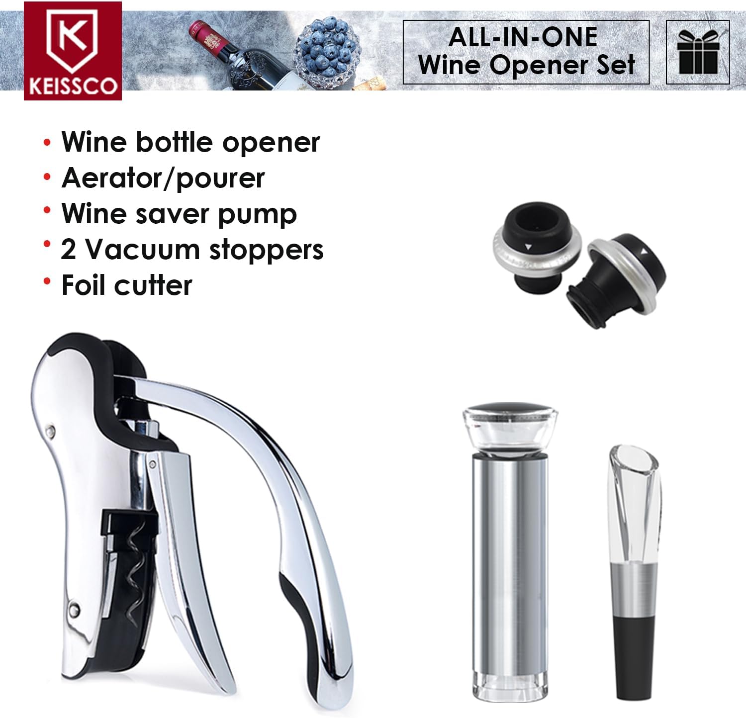 Stainless Steel Wine Opener Set - Compact Vertical Corkscrew Wine Bottle Opener Gift Set with Foil Cutter, Aerator Pourer, Vacuum Pump and 2 Wine Stoppers, Wine Gift Set for Home Party Bar