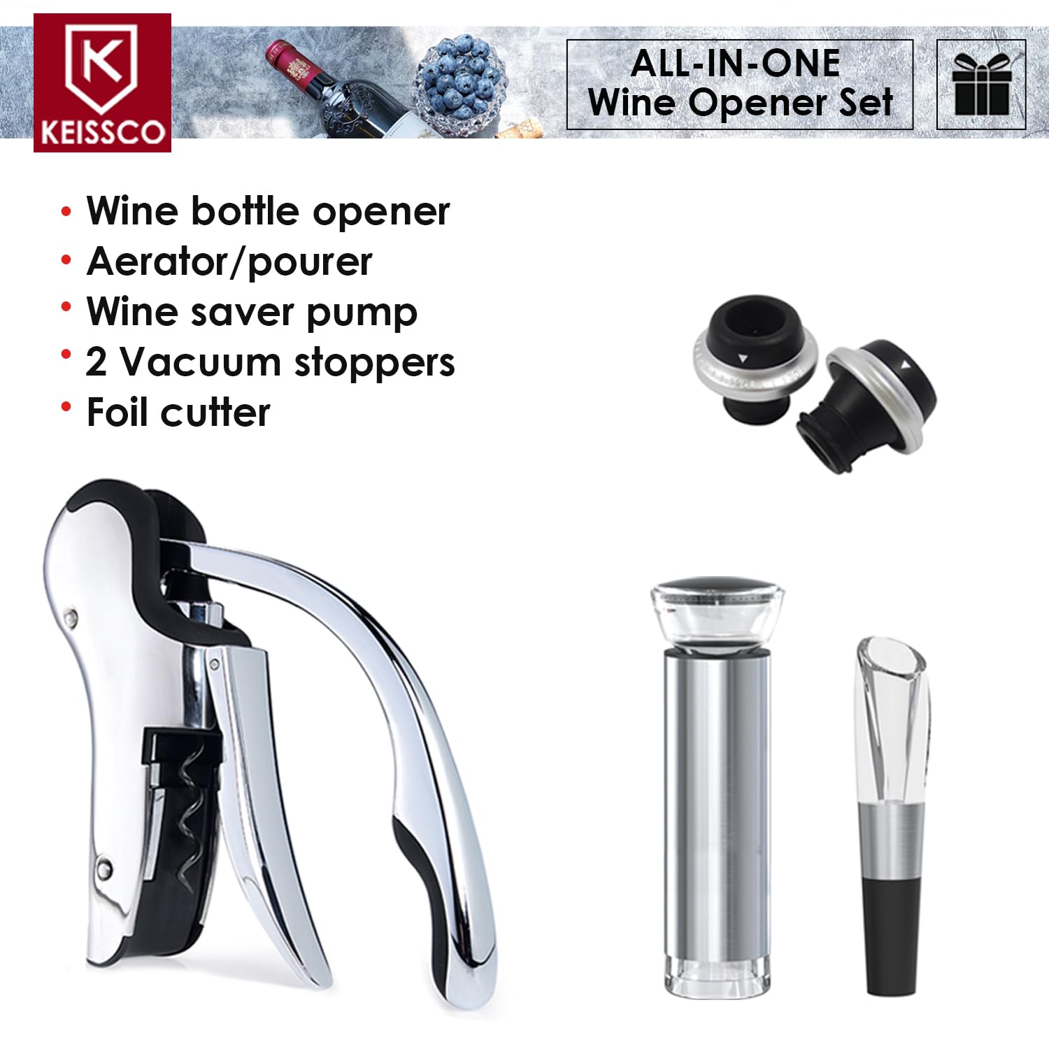 Edelstahl-Weinöffner, kompakter vertikaler Korkenzieher, Weinflaschenöffner mit Weinbelüfter & Konservierer Vakuumpumpe mit 2 Stopfen, Folienschneider