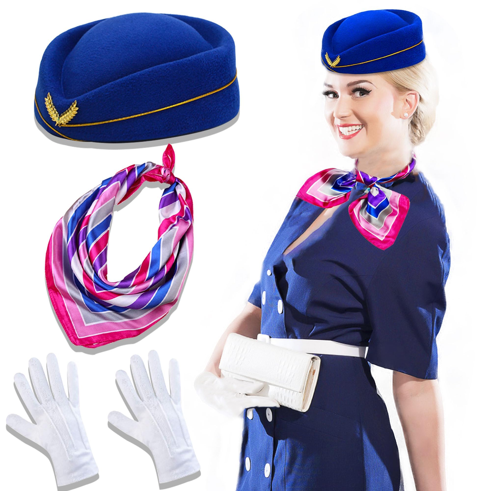 BIGTHREE Women's Flight Attendant Costume Accessories Stewardess Costume Accessories Flight Attendant Hat Scarf Gloves