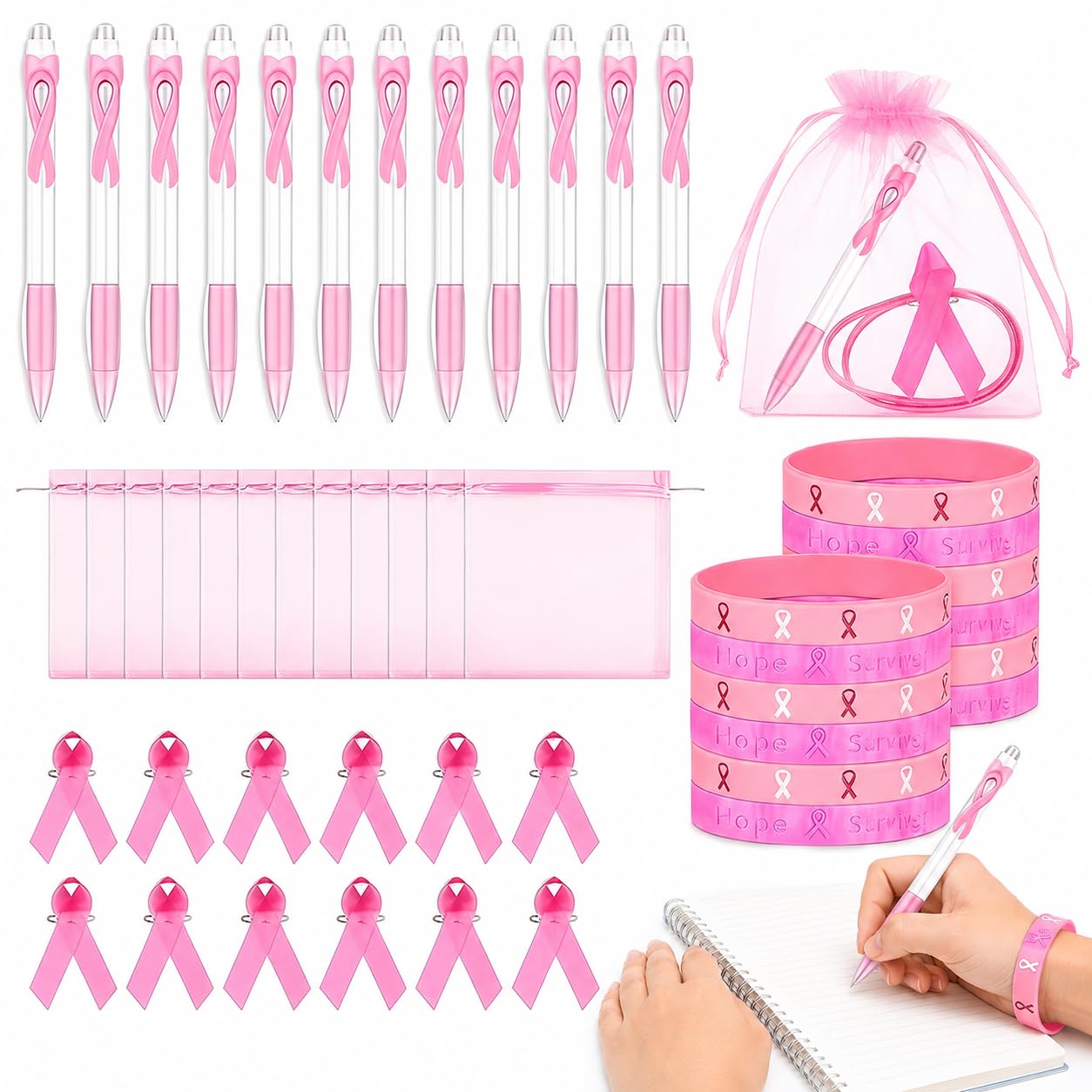 Eowppue Breast Cancer Awareness Gift Set – 12 Pink Ribbon Pins, 12 Pens, 12 Silicone Wristbands & 12 Organza Bags, Ideal for October Events & Supportive Gifting