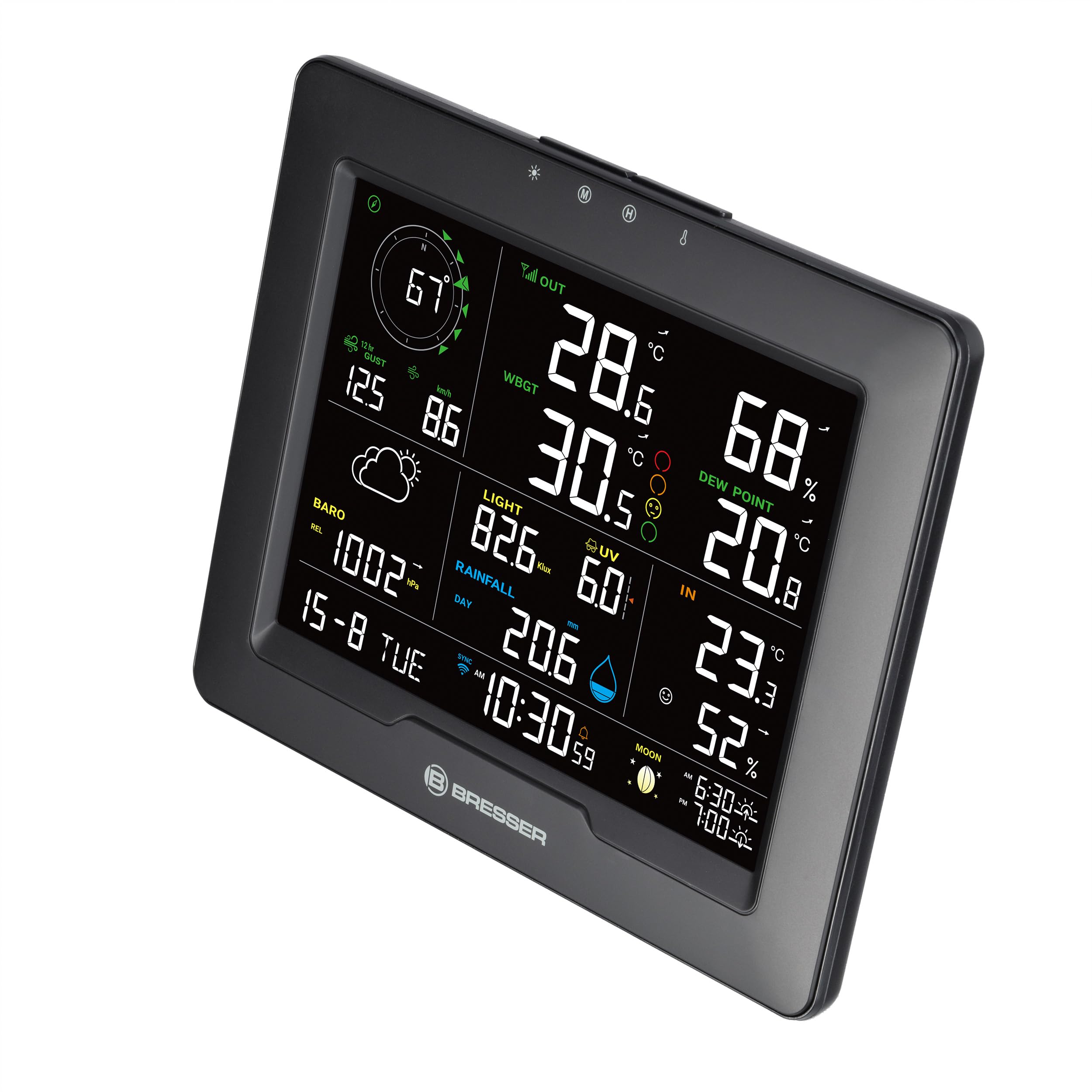 Bresser WLAN Wetterstation 8-in-1 mit Außensensor, WBGT-Hitzestress-Index, UV, Regen, Wind, Licht, WLAN, App-Steuerung, Raumklima, Wecker, Frostwarnung, schwarz | Innentemperatur und Außentemperatur, Luftfeuchtigkeit, Regenmesser, Windmesser, Wettervorher