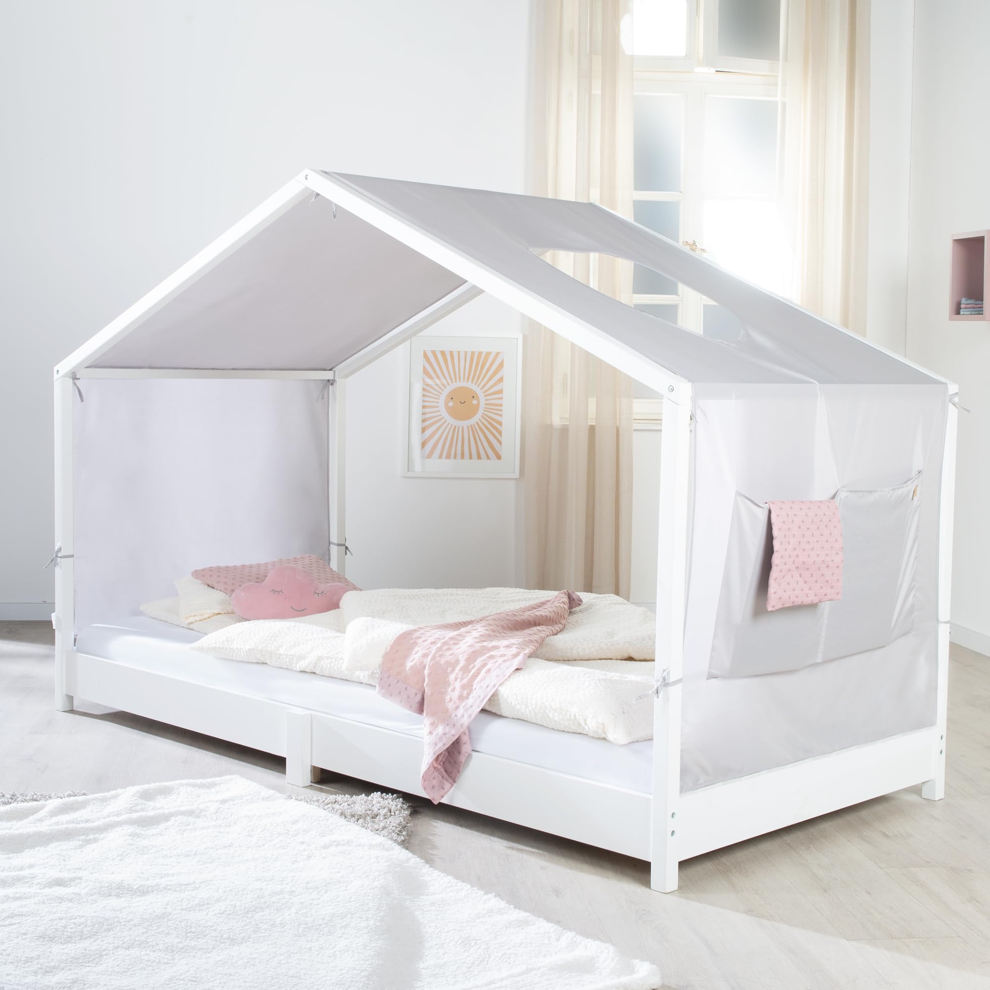 roba Copertura per Letti Montessori 90 x 200 cm - Accessorio Adatto per trasformare Il Letto in Un baldacchino - con 3 Tasche portaoggetti e Finestra sul Tetto - Grigio Chiaro