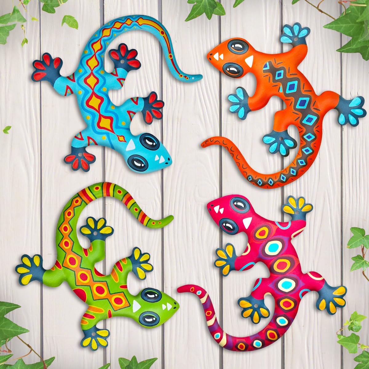 Lot De 4 Décorations Murales Gecko En Métal Jinzhenhong - Texture Givrée, 17,8 X 11,9 Cm, Pour Jardin, Clôture, Balcon, Extérieur - 10