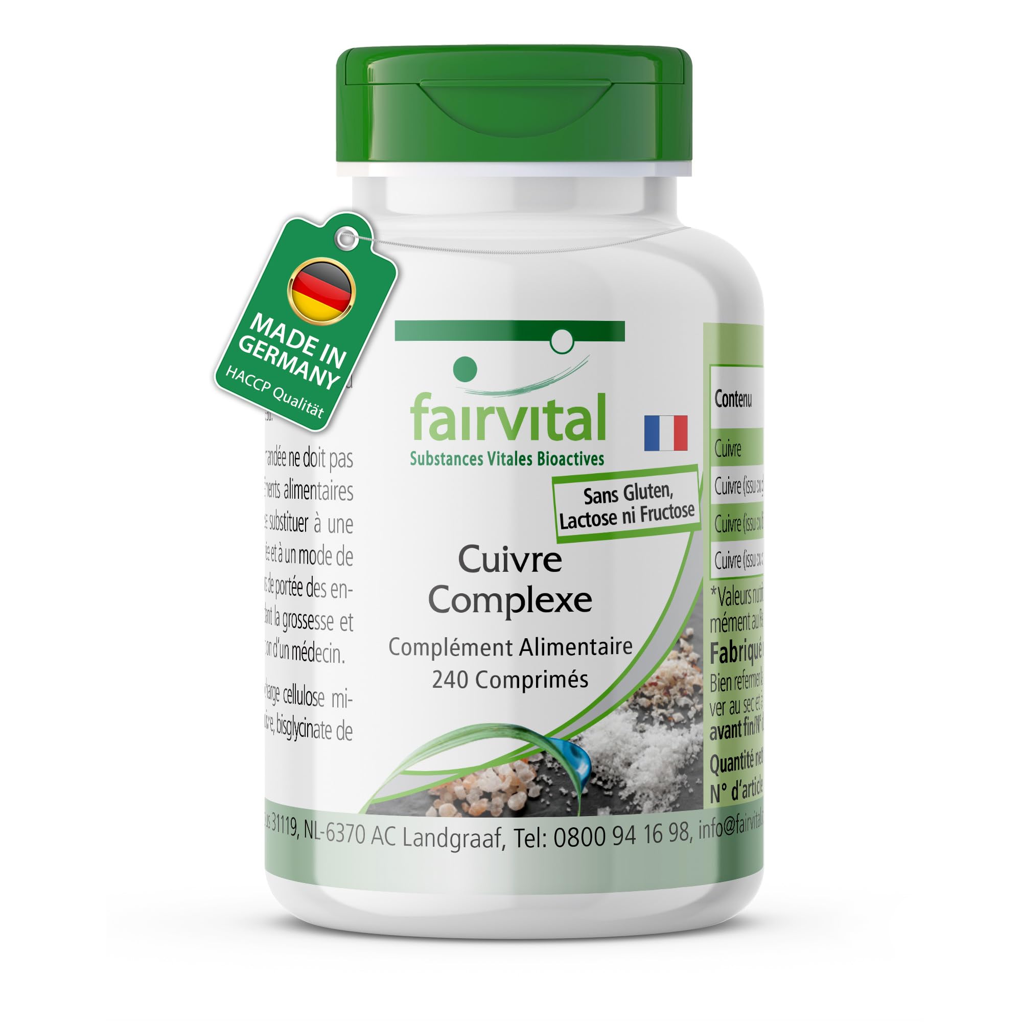 fairvital, Complexe de cuivre, 240 comprimés, 2 mg de cuivre par comprimé, faciles à avaler, de qualité contrôlée et hautement dosés, 100% végétaliens, fabriqués en Allemagne
