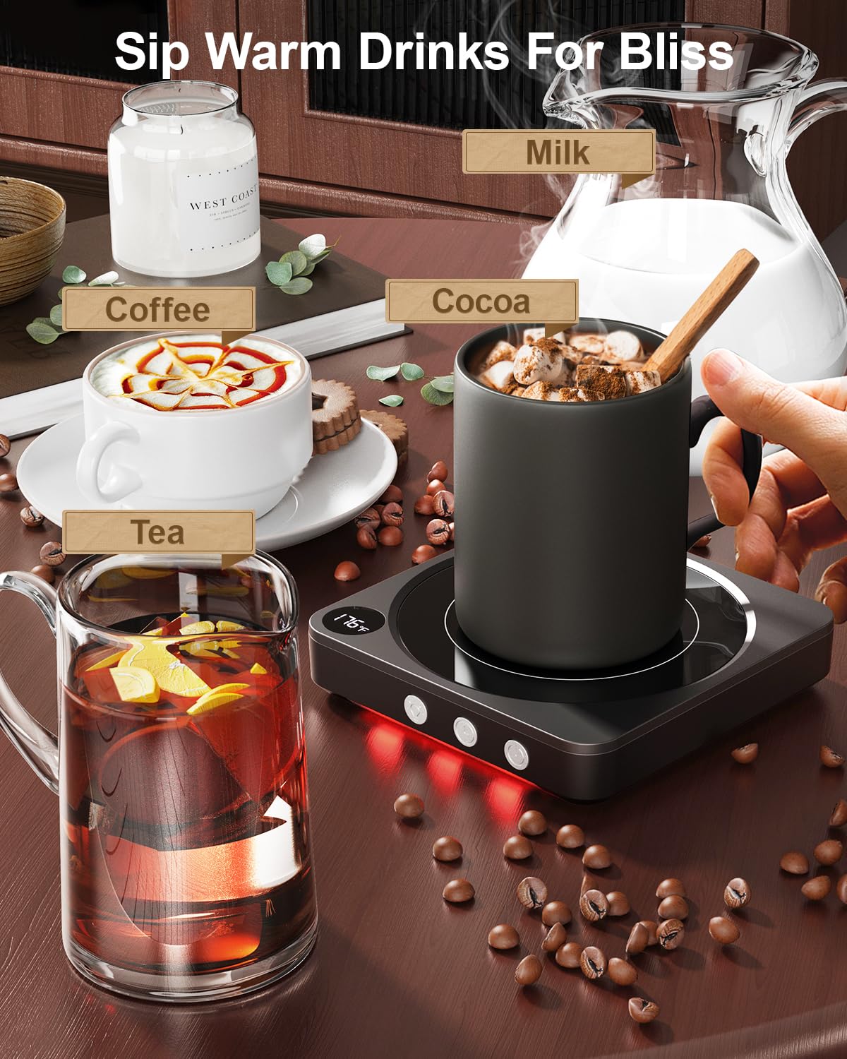 Calentador de Tazas - Calentador de Tazas de café LED para Escritorio con Pantalla de Temperatura, 2-12 Horas Apagado automático, Calentador de Velas Inteligente: Accesorios de Regalo de café Ideales