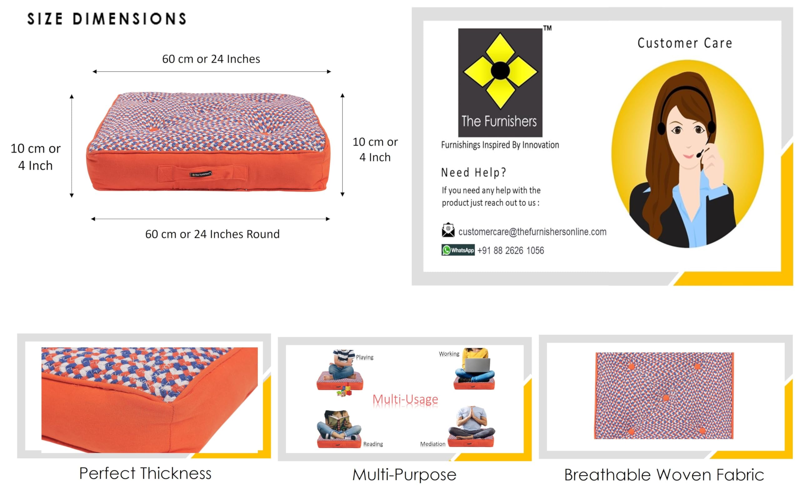 Orange Woven Floor Cushion - Cozy Seating & Meditation -6