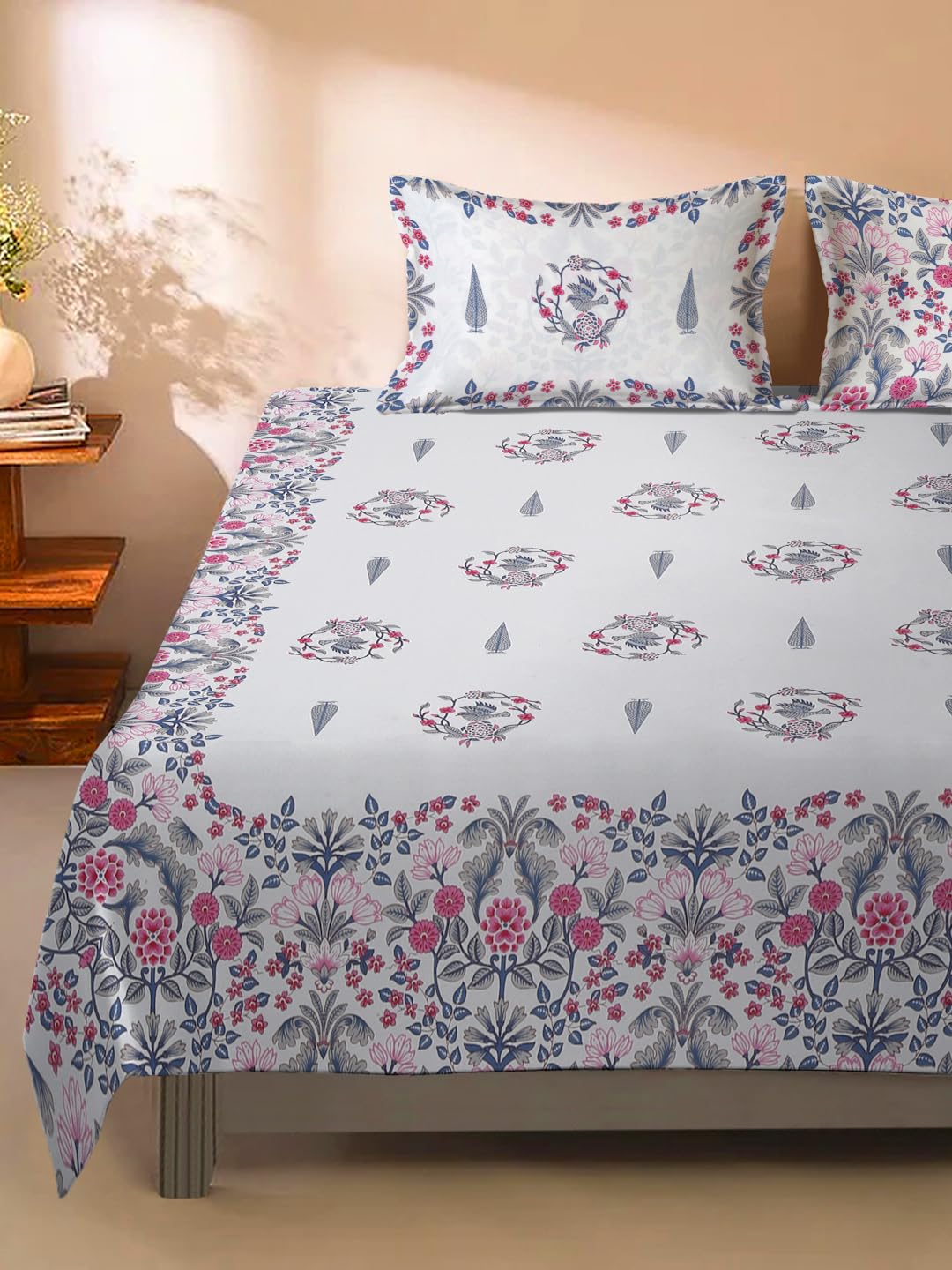 eyda Homes Roselle Floral Fitted Bedsheet Set, 100% Cotton Printed Deep Pocket Bed Sheet with 2 Matching Pillow Covers, Soft Breathable Bedding for All Seasons, White Pink Blue Floral-image-7