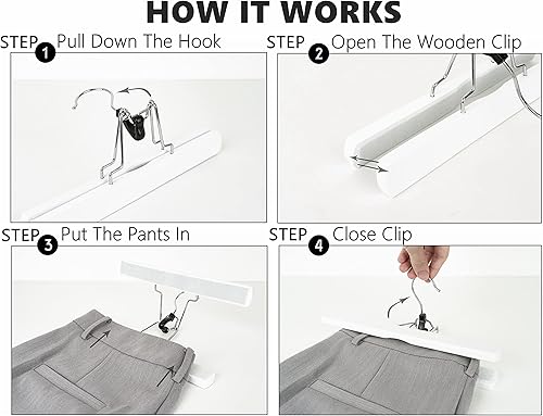 Miniatura 10 de Amber Home Paquete de 10 perchas de madera natural para pantalones, perchas de madera con terciopelo acolchado antideslizante, ganchos para