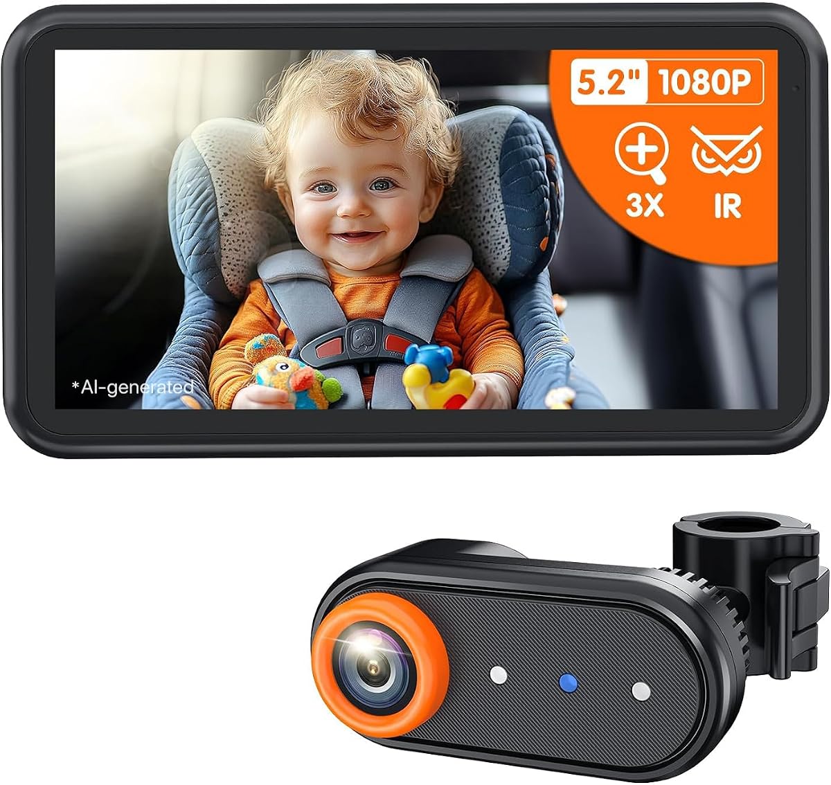 Baby Car Camera 3X Zoom Backseat Camera Monitor | 1080P Display & Auto IR Night Vision, Rear-Facing View Mirror, 5.2" Easy Install for Parents & Pet Owners BM2A(Orange)