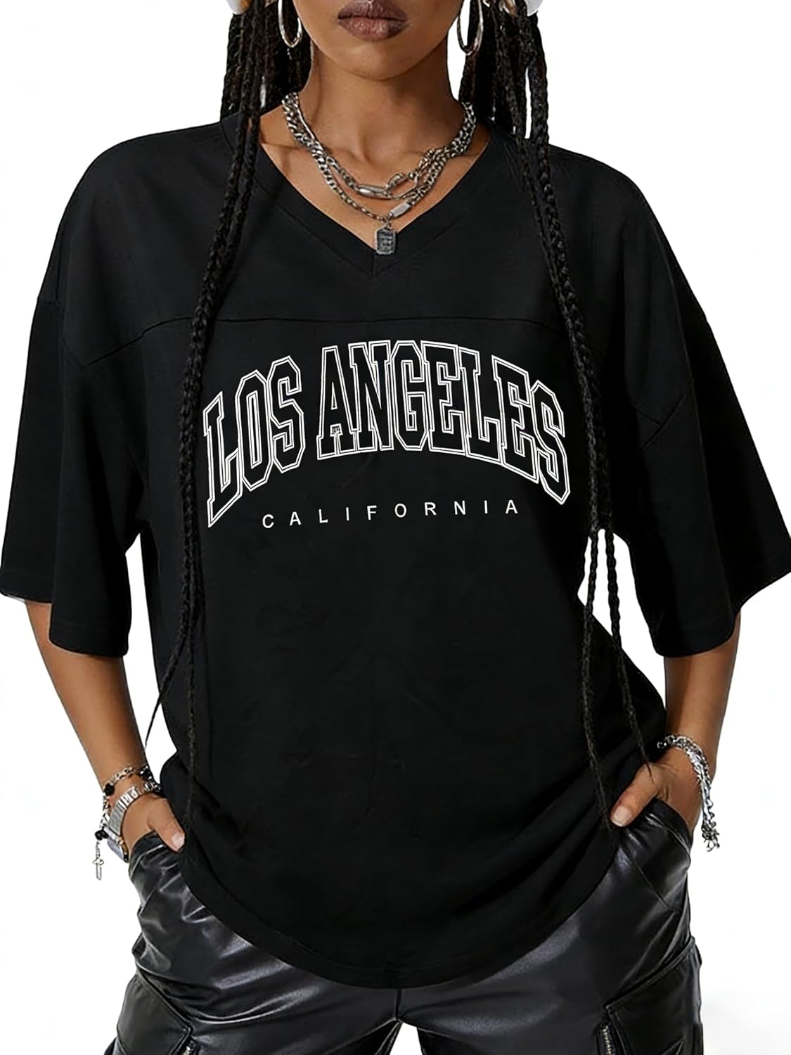 Women's Y2k Baggy T-Shirts V Neck Short Sleeve Casual Loose Summer Tees Top Streetwear - Image 4