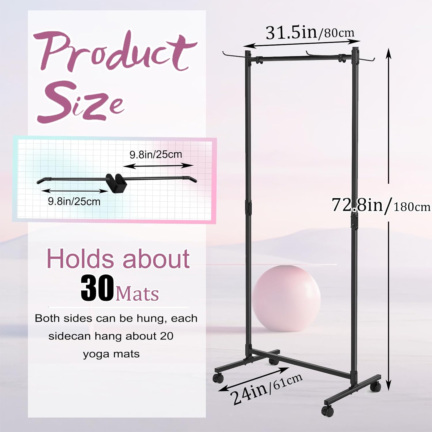 VIVINLE Yoga Mat Storage Rack on Wheels, Metal Yoga Mat Holder with Double Sided Hooks & Punching Tool, Rolling Organizer Cart for Home Gym, Exercise & Fitness Club