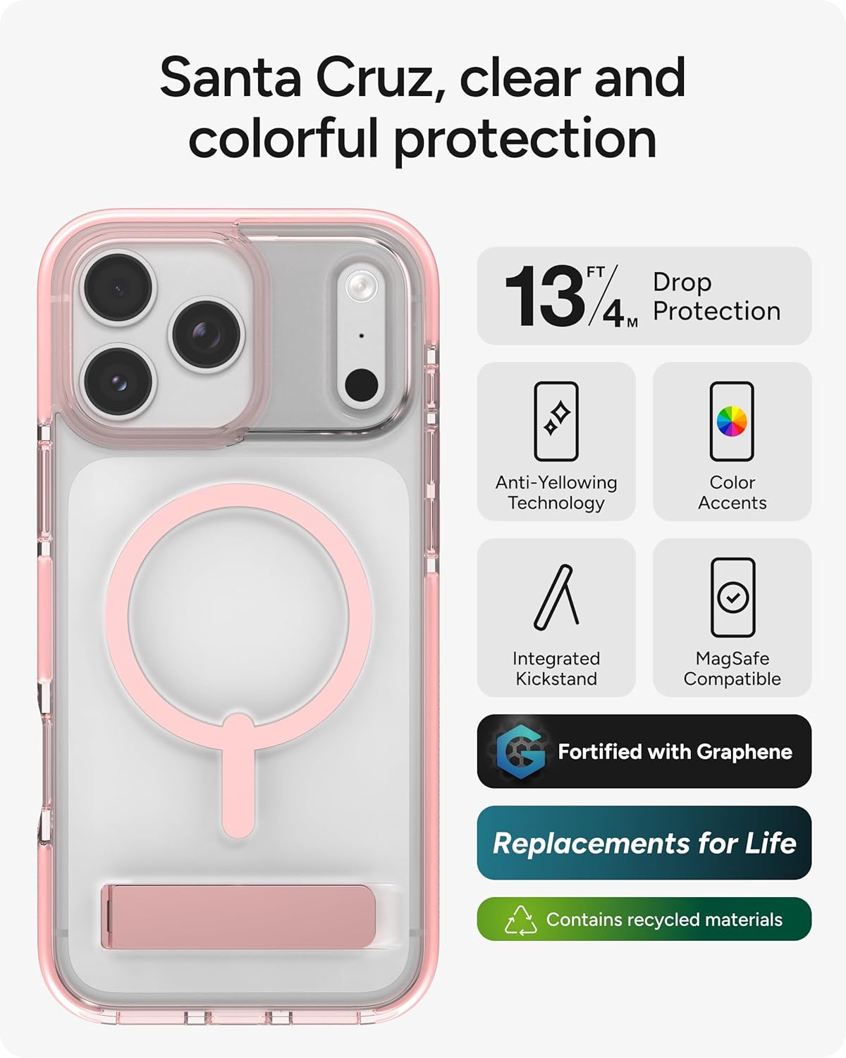 ZAGG Santa Cruz Snap Case with Kickstand for iPhone 17 Pro Max - Pink Sorbet, Drop Protection (13ft/4m), MagSafe Charging Compatible, ClearGuard Anti-Yellowing Technology, Scratch Resistant Phone Case