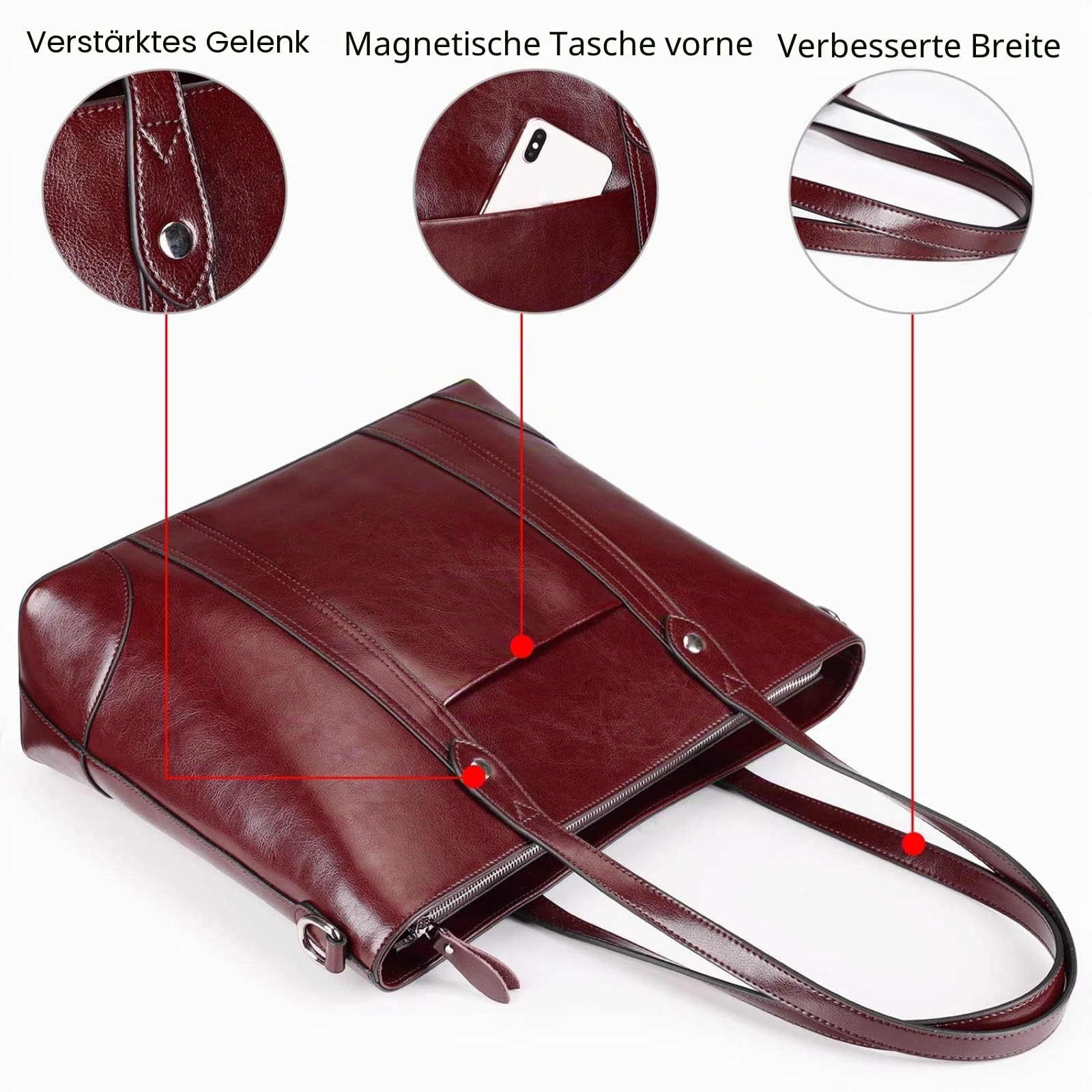 S-ZONE Damen Schultertasche 15,6 Inch Laptoptasche Große Leder Shopper Arbeitstasche Umhängetasche Handtasche mit Gepolstertem Laptopfach