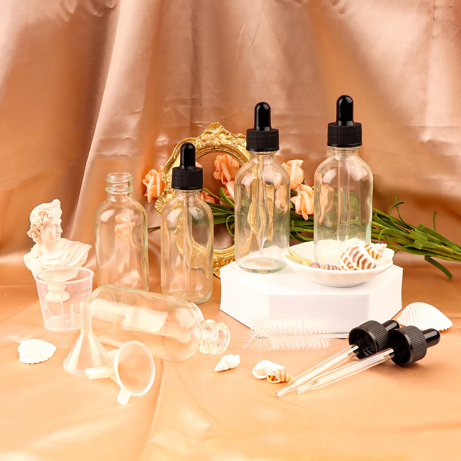 24 opakowania przezroczystych szklanych butelek o pojemności 56 ml ze szklanymi kroplomierkami do oczu na olejki eteryczne, perfumy i chemikalia laboratoryjne (szczotka, lejki, 2 dodatkowe