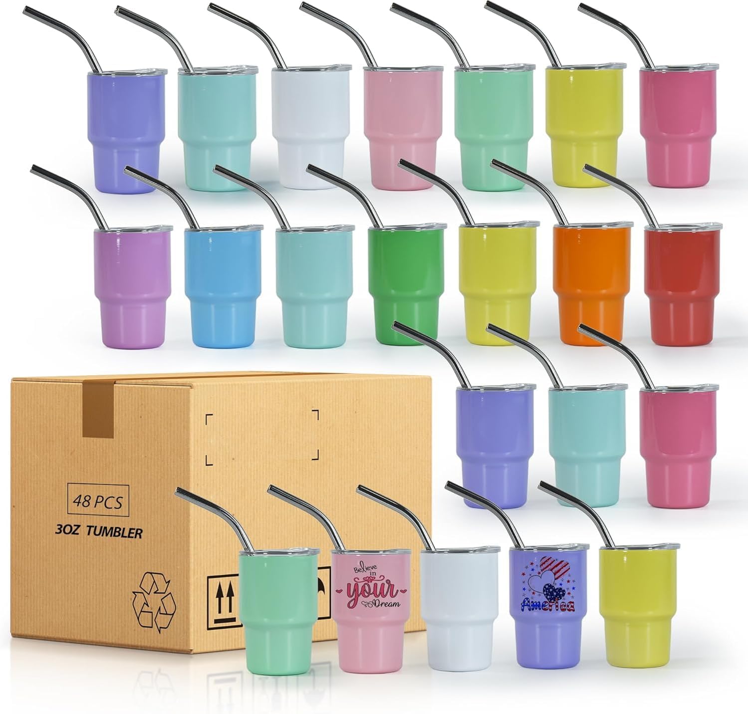 AGH 48 Pcs 3 oz Mini Tumbler Shot Glass with Straw and Lid Colored Stainless Steel Sublimation Tumblers Double Wall Vacuum Insulated Cups