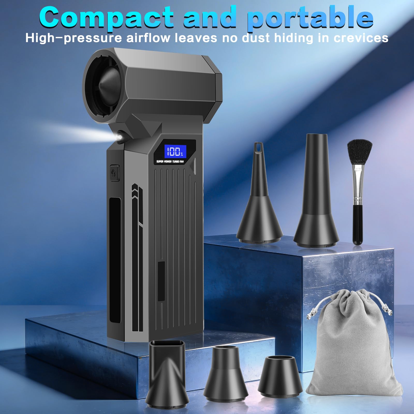 Elektrisches Air Duster- Viafexna 120000RPM Ultra-Starkes Staubgebläse Ohne Kabel, Druckluft, 4-Gang-Mini Gebläse mit Akku, für PC Reinigungsset, Tastatur, Haus, Outdoor und Auto