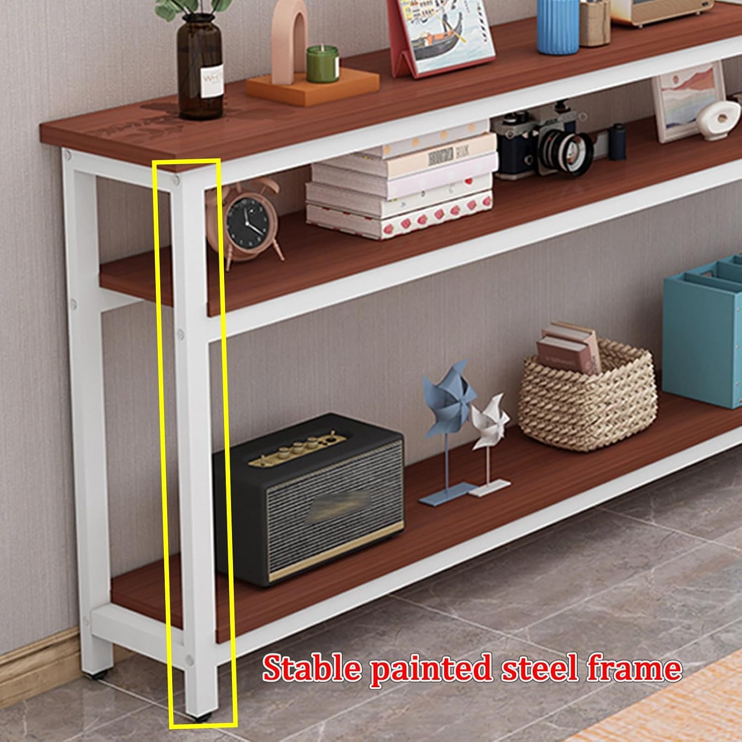 Console Table, 3-Layer entryway Table Behind Sofa, Reinforced Metal Frame, Unique Wooden Narrow Sofa Table, Suitable for Corridor, Living Room, Foyer(Wood Color,31.4x9.8/80x25cm)