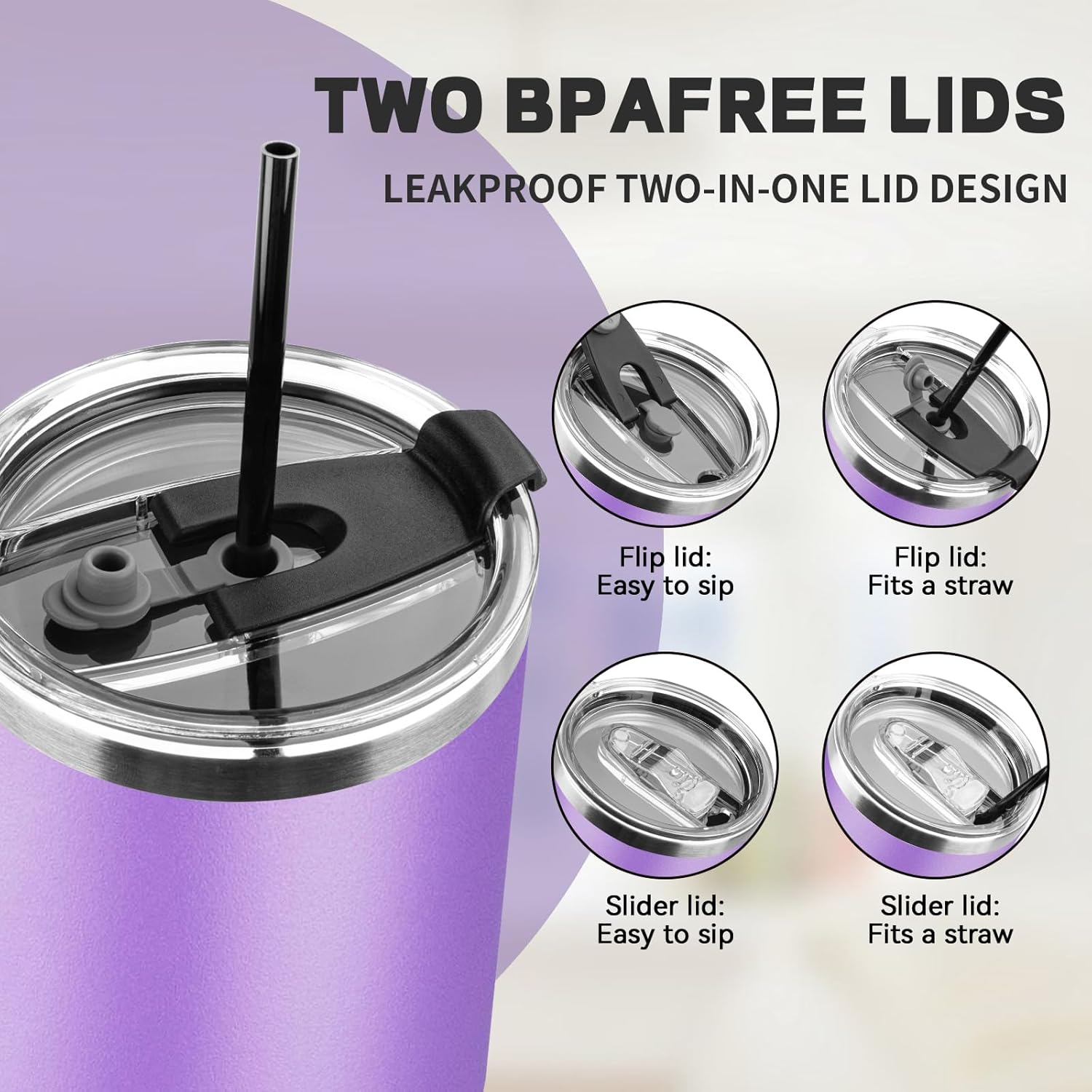 40 oz Tumbler with Lids and Straws, Stainless Steel Insulated Coffee Tumbler, Double Wall Vacuum Insulated Travel Mug Cup, Leakproof Thermal Coffee Cup for Hot and Cold Drinks (Purple) - Image 7