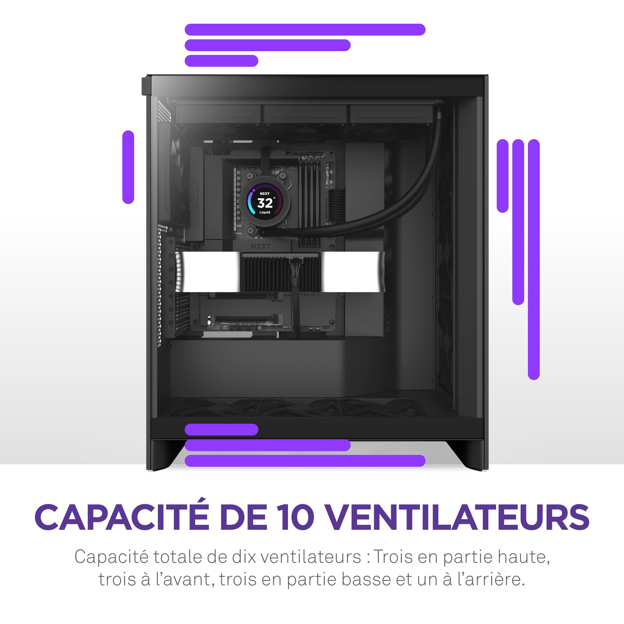 NZXT H7 Flow - Boîtier PC ATX Moyen Format - Refroidissement Optimal - 3 Ventilateurs 120 mm - Radiateur 420 mm - Gestion des câbles - Noir