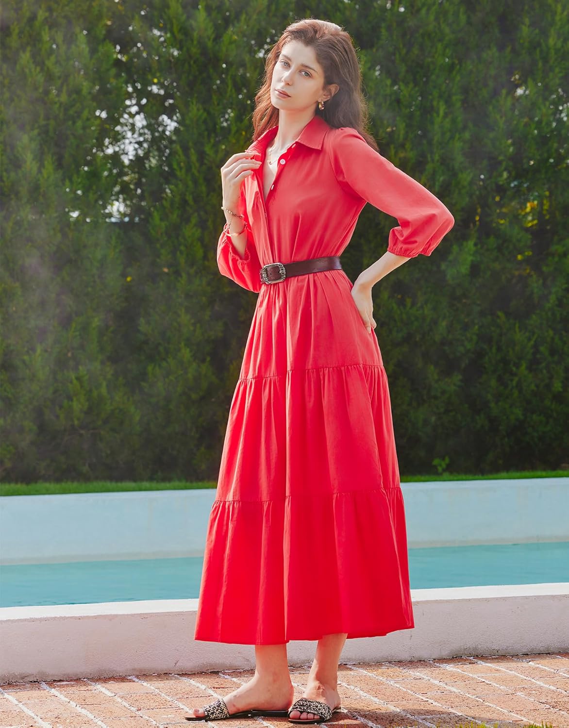 Women Button Down Maxi Shirt Dress Long Sleeve Flowy Tiered Collared Dresses with Pockets - Image 5