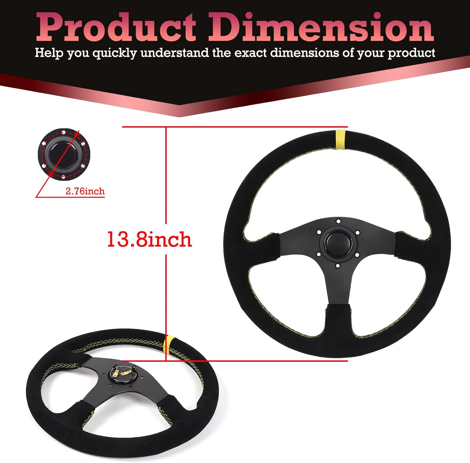 14inch Universal Steering Wheel 350mm Yellow Stripe - Black Matte Leather,3 Spokes,6 Bolt Pattern,Aluminum Alloy Spokes, Ergonomic Design for Go Karts,Cars,Golf Carts,Racing Steering Wheel