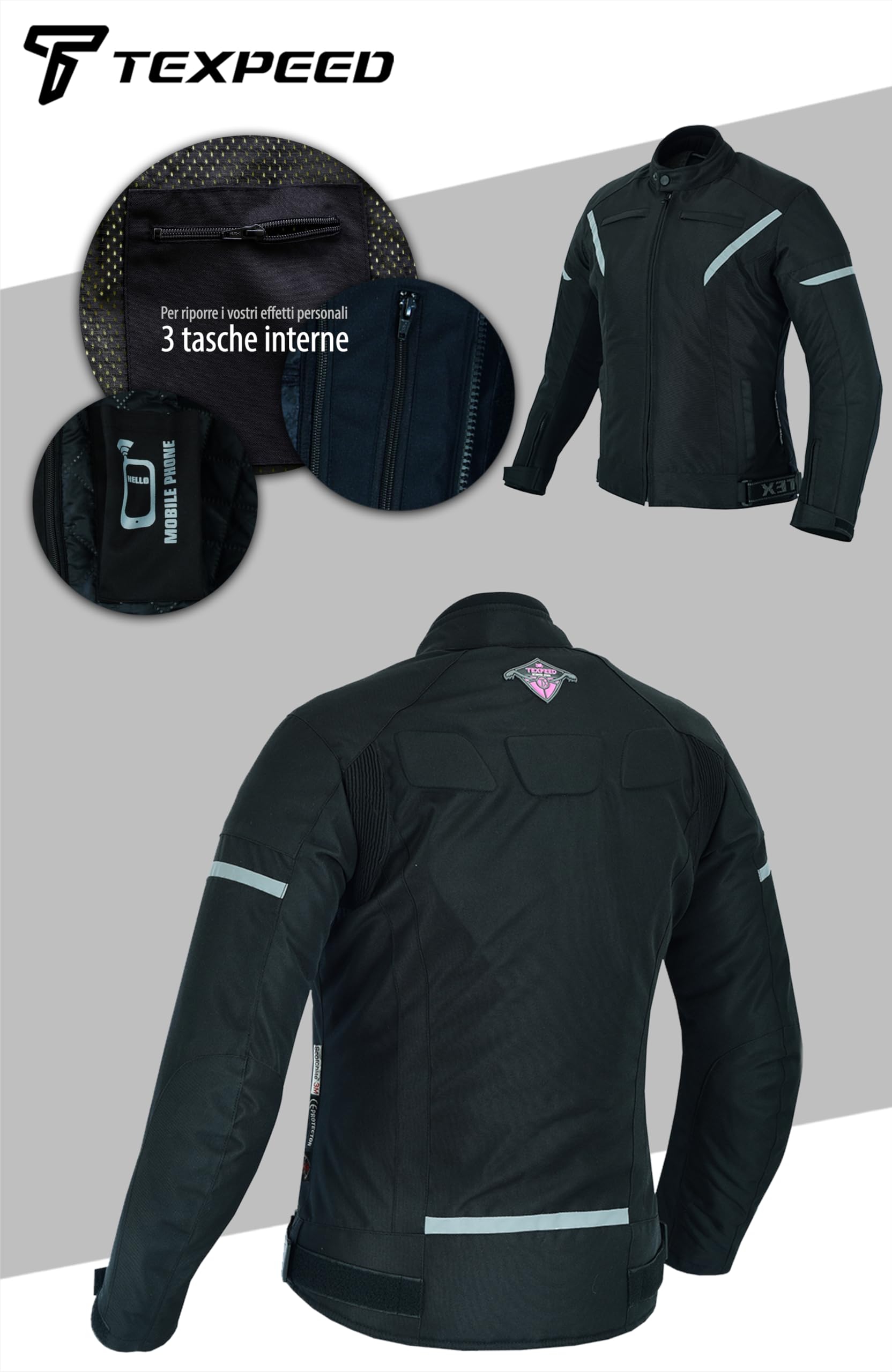 Texpeed Giacca da moto donna con protezioni - Cappotto impermeabile da donna in Cordura in tessuto con armatura da moto (EN 1621-1) Nero - Rosa - Rosso - Viola