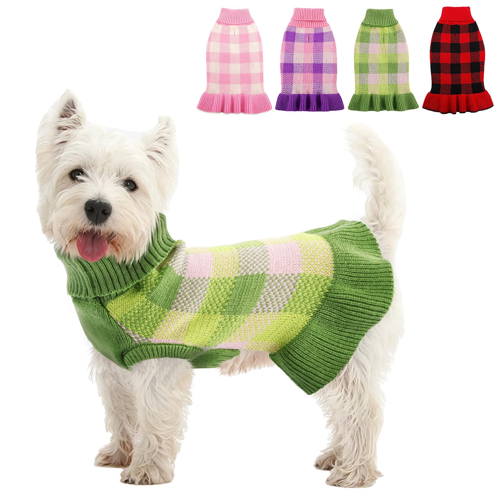 Dog Sweater Dress Plaid Knitwear for Small Medium Dogs Warm Puppy Pet Turtleneck Stretch Pullover Cute Fall Winter Vest Clothes with Leash Hole for Christmas (Green, 2XS)