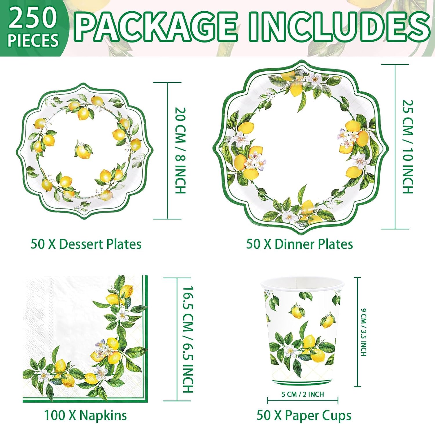 250Pcs Lemon Party Decorations Green Lines Lemon Plates and Napkins Yellow Lemons Theme Birthday Tableware Set for Spring Summer Lemons Bridal Shower Baby Birthday Party Supplies, Serves 50