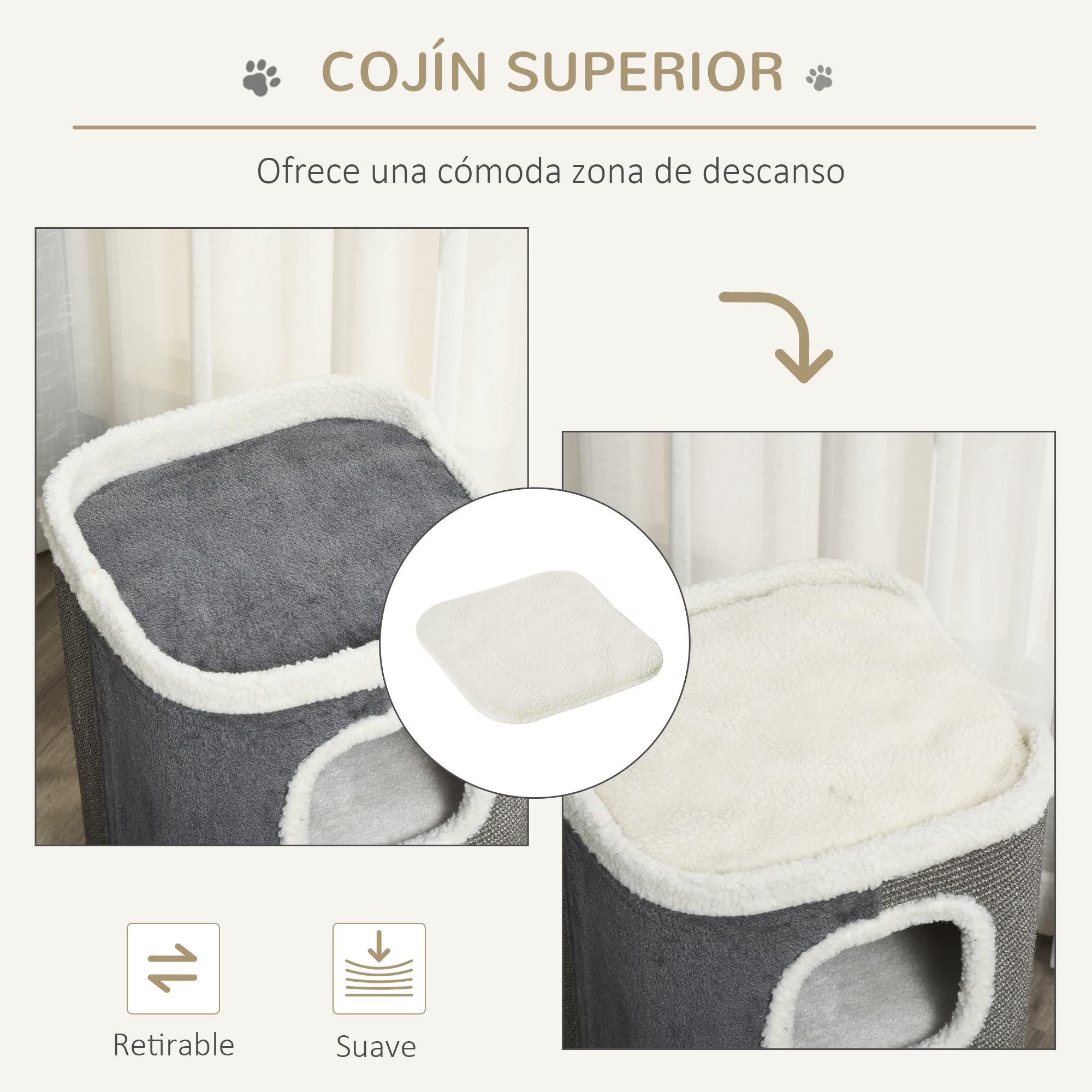 PawHut Barril Rascador para Gatos 74 cm de Altura Tonel de Escalada con 3 Cuevas de Sisal y Felpa Plataforma de Lana 40x40x74 cm Gris | de Sisal, Felpa Suave, Plataforma de Vellón
