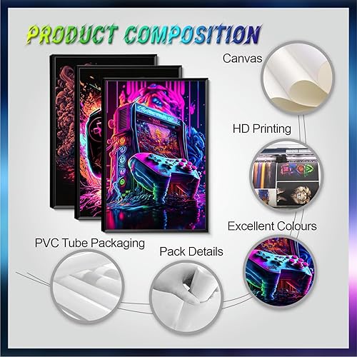 Miniatura 6 de MUWAK Juego de 3 decoraciones geniales para sala de juegos, arte de pared con graffiti de acuarela para videojuegos, póster de videojuegos,