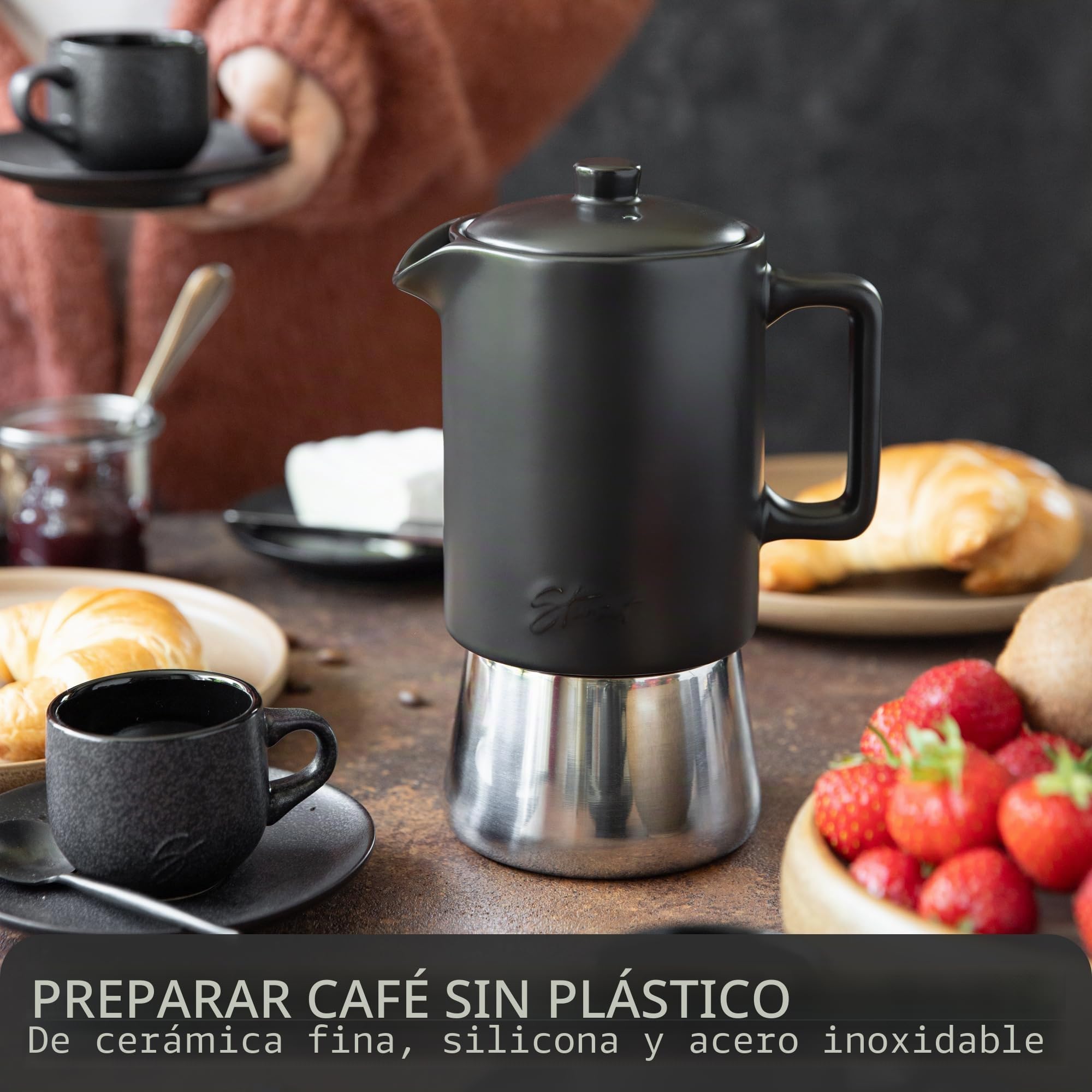 Steinzeit Cafetera espresso de diseño de cerámica (300 ml) – Cafetera de inducción apta para todo tipo de fuegos – Cafetera moka con base de acero inoxidable y jarra de cerámica