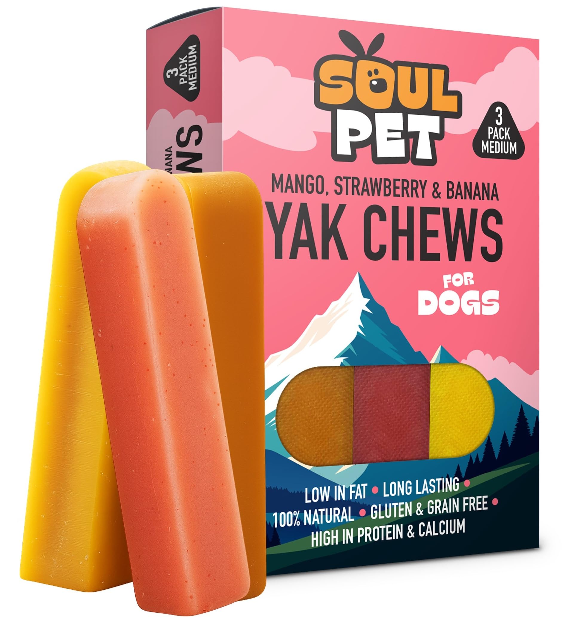 Soul Pet Premium Box of 3 Mango, Strawberry, Banana Yak Chews for Dogs | Natural Himalayan Cheese Dog Treats | Long-Lasting, Grain-Free, Healthy Dental Chews
